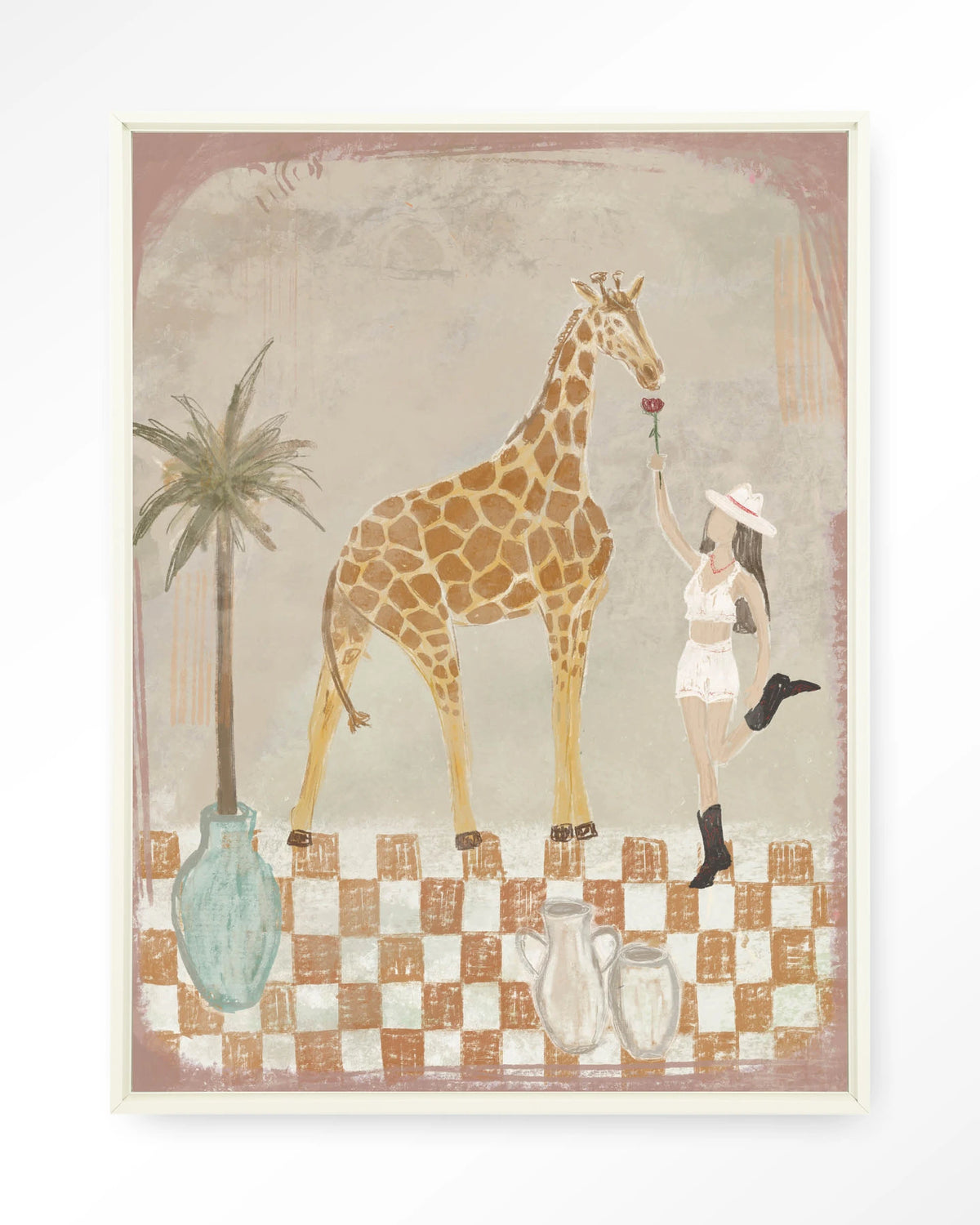 Feeding Rose – giraffe en meisje met palmboom – Wandkleed – Floating frame – wit