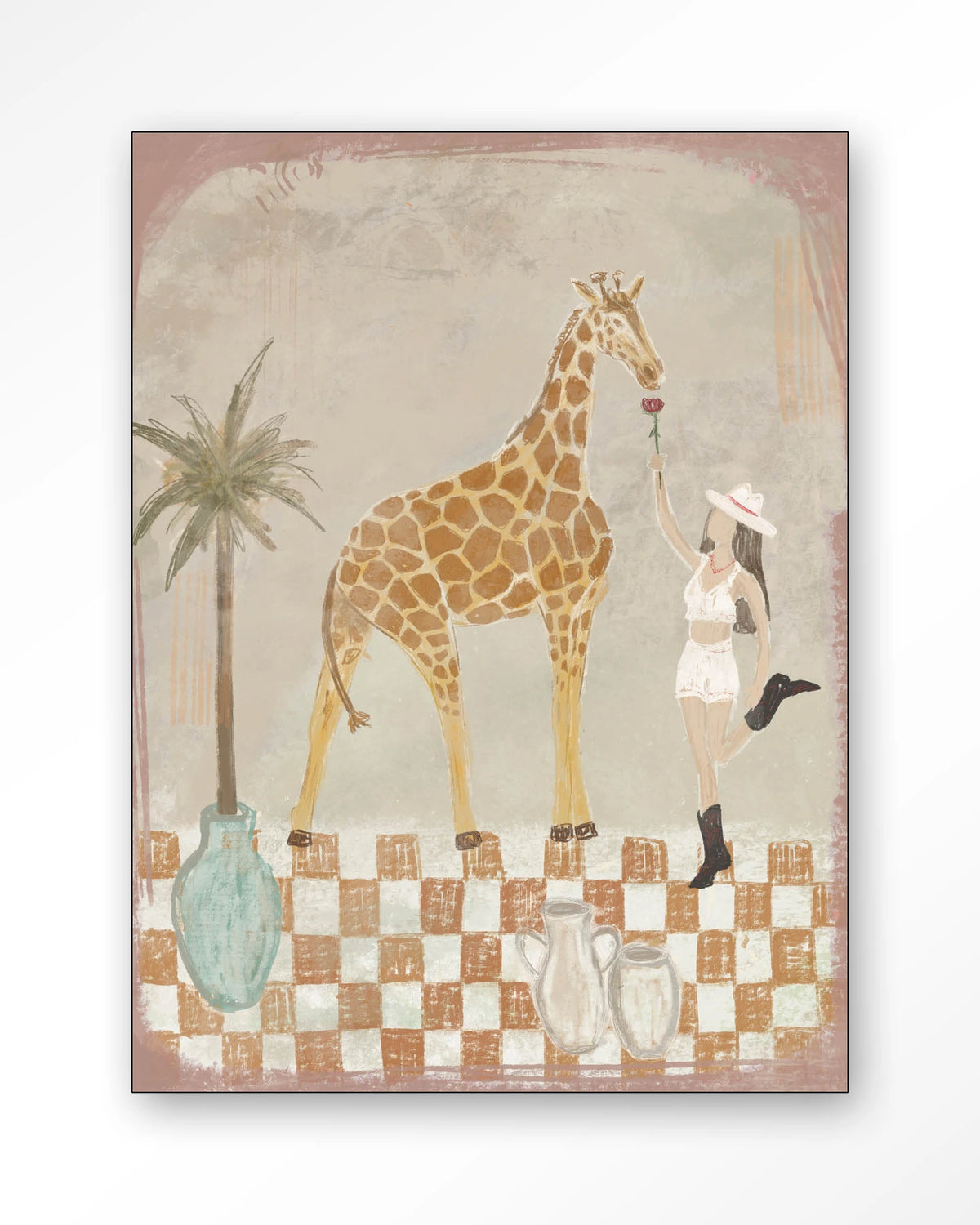 Feeding Rose – giraffe en meisje met palmboom – Wandkleed – Frame – zwart