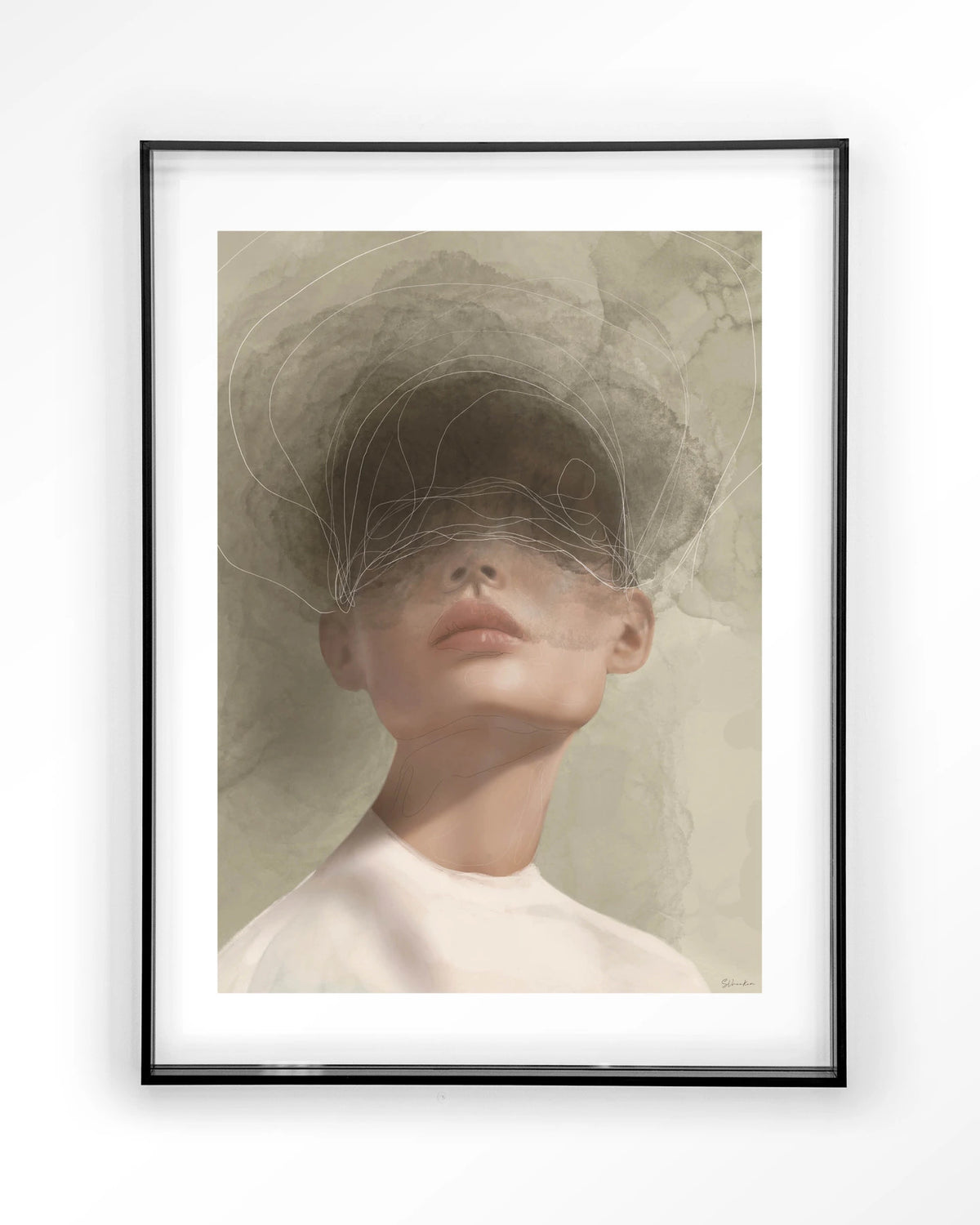 Blind Mist – vrouw met lijntekening in beige – Art print – Acryl zwart