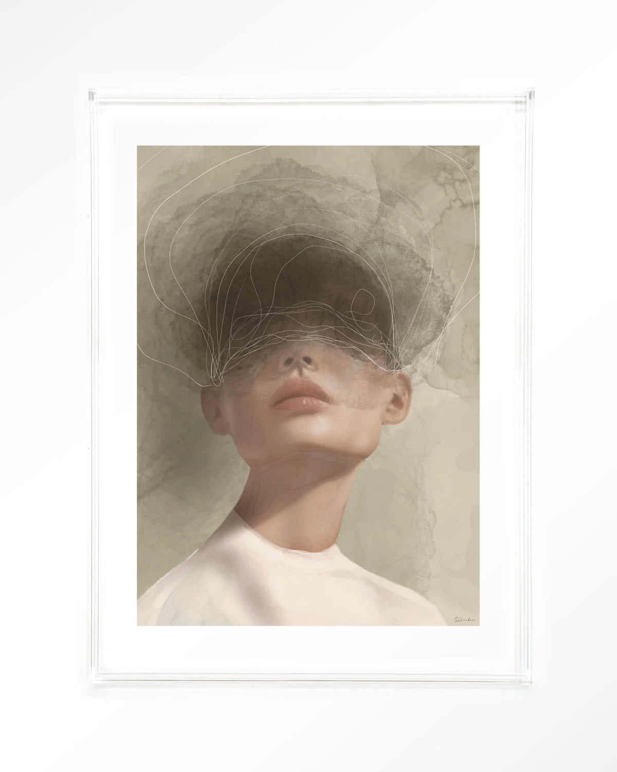 Blind Mist – vrouw met lijntekening in beige – Art print – Acryl doorzichtig