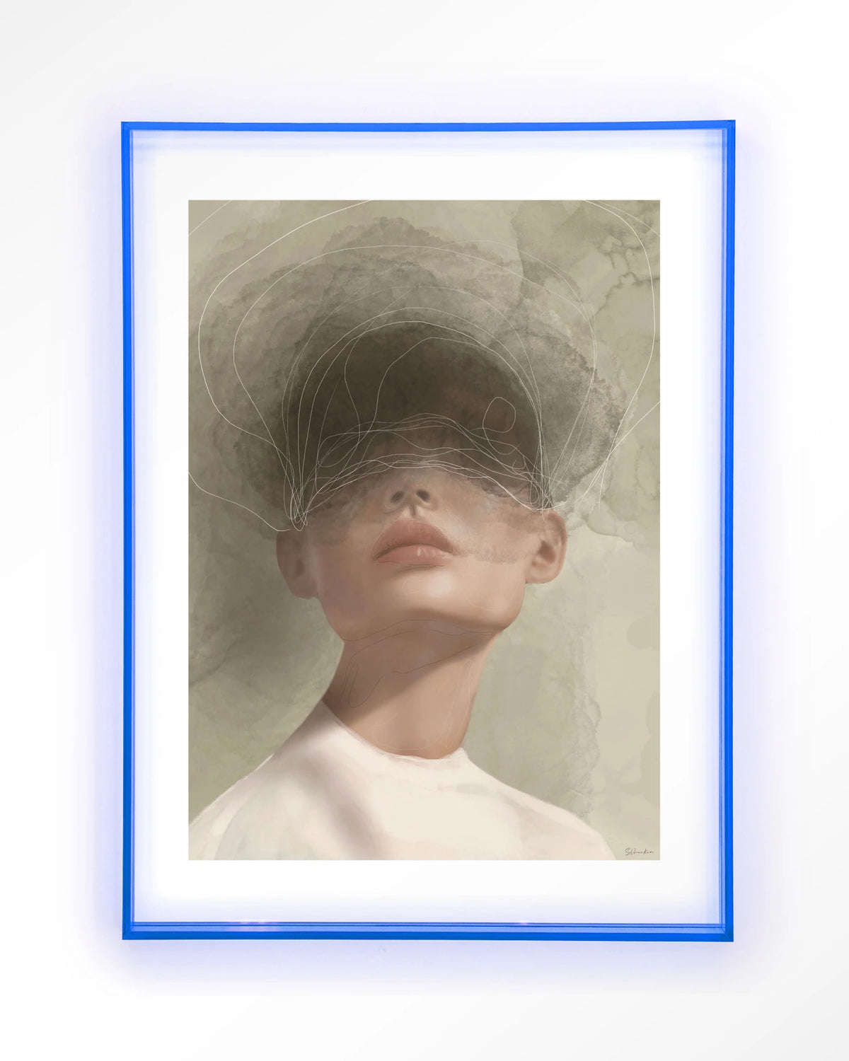 Blind Mist – vrouw met lijntekening in beige – Art print – Acryl lichtblauw
