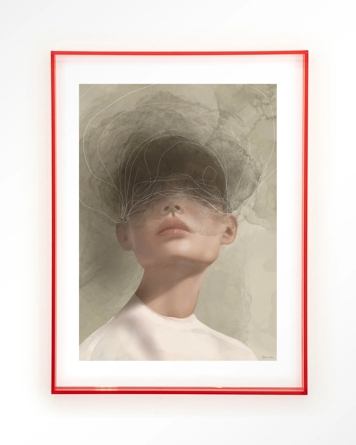 Blind Mist – vrouw met lijntekening in beige – Art print – Acryl roze