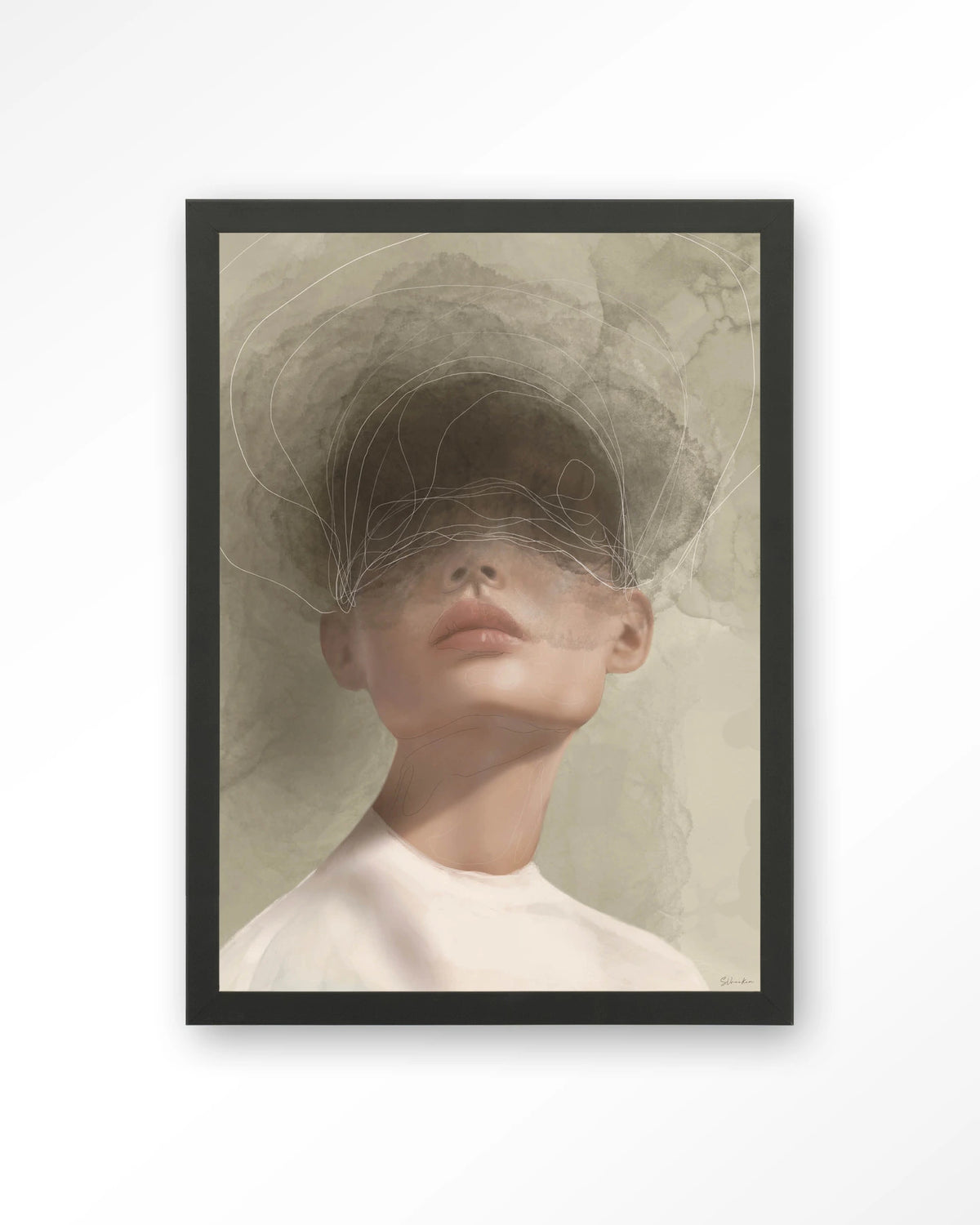 Blind Mist – vrouw met lijntekening in beige – Art print – Hout zwart