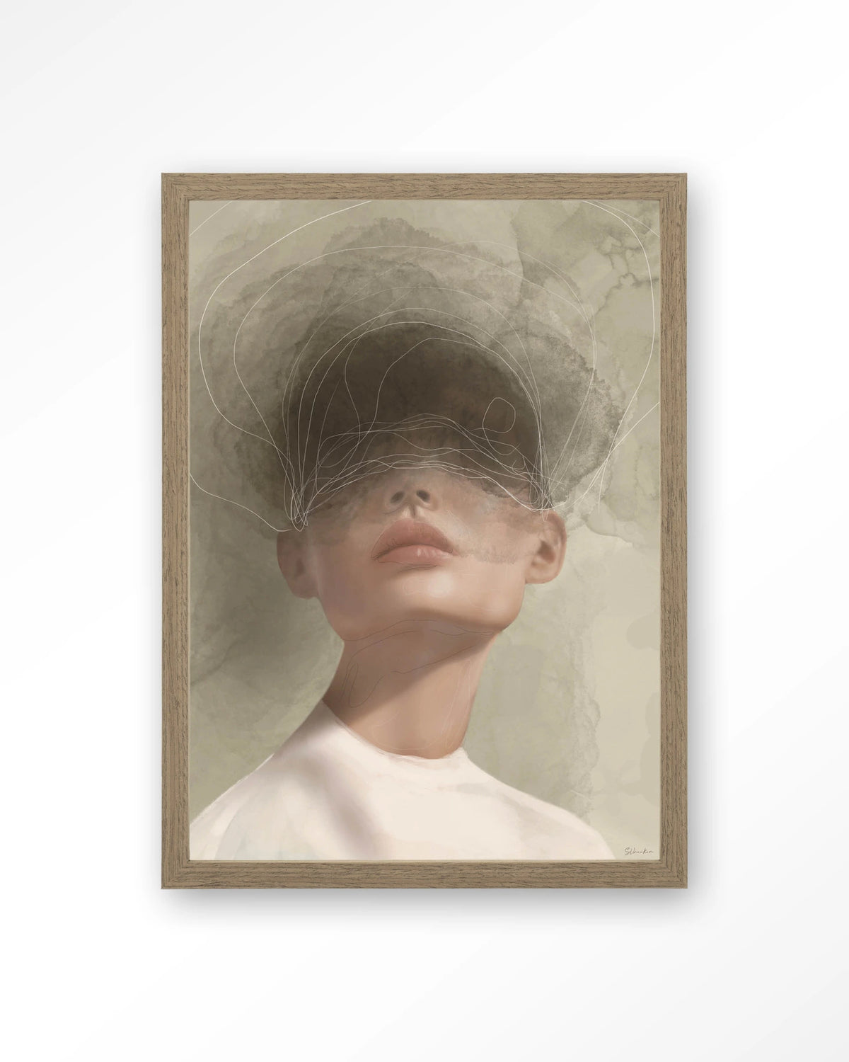 Blind Mist – vrouw met lijntekening in beige – Art print – Hout bruin