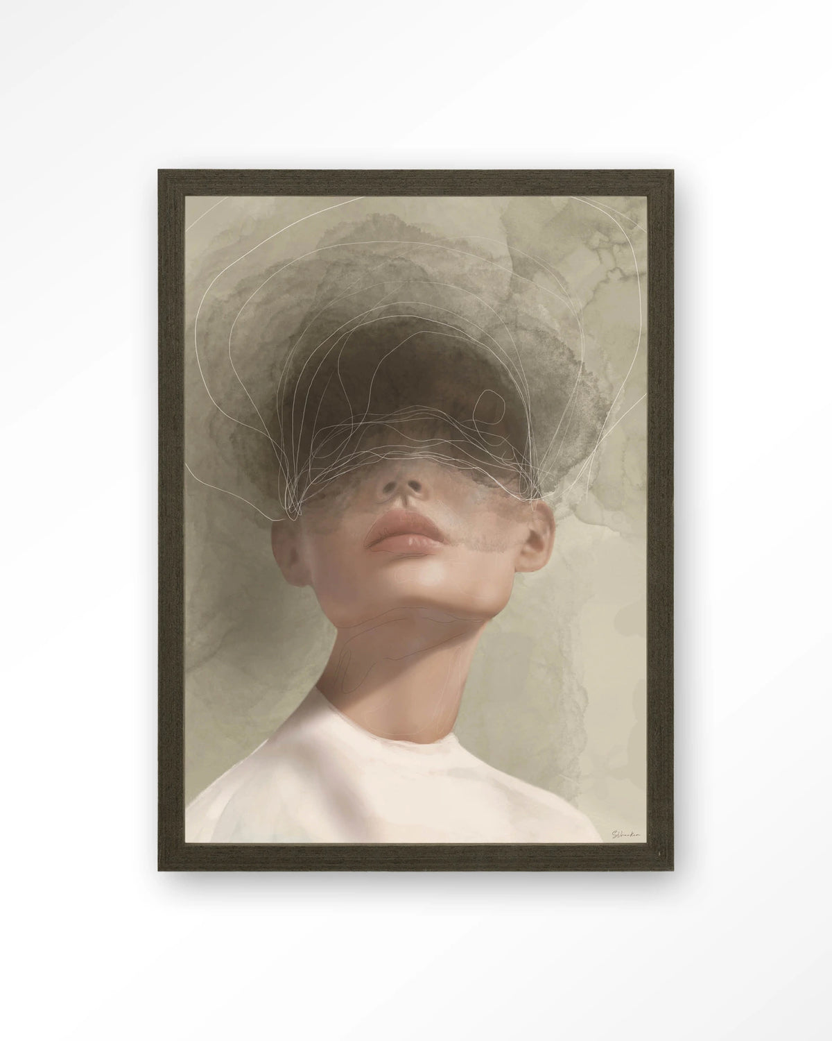 Blind Mist – vrouw met lijntekening in beige – Art print – Hout donkerbruin