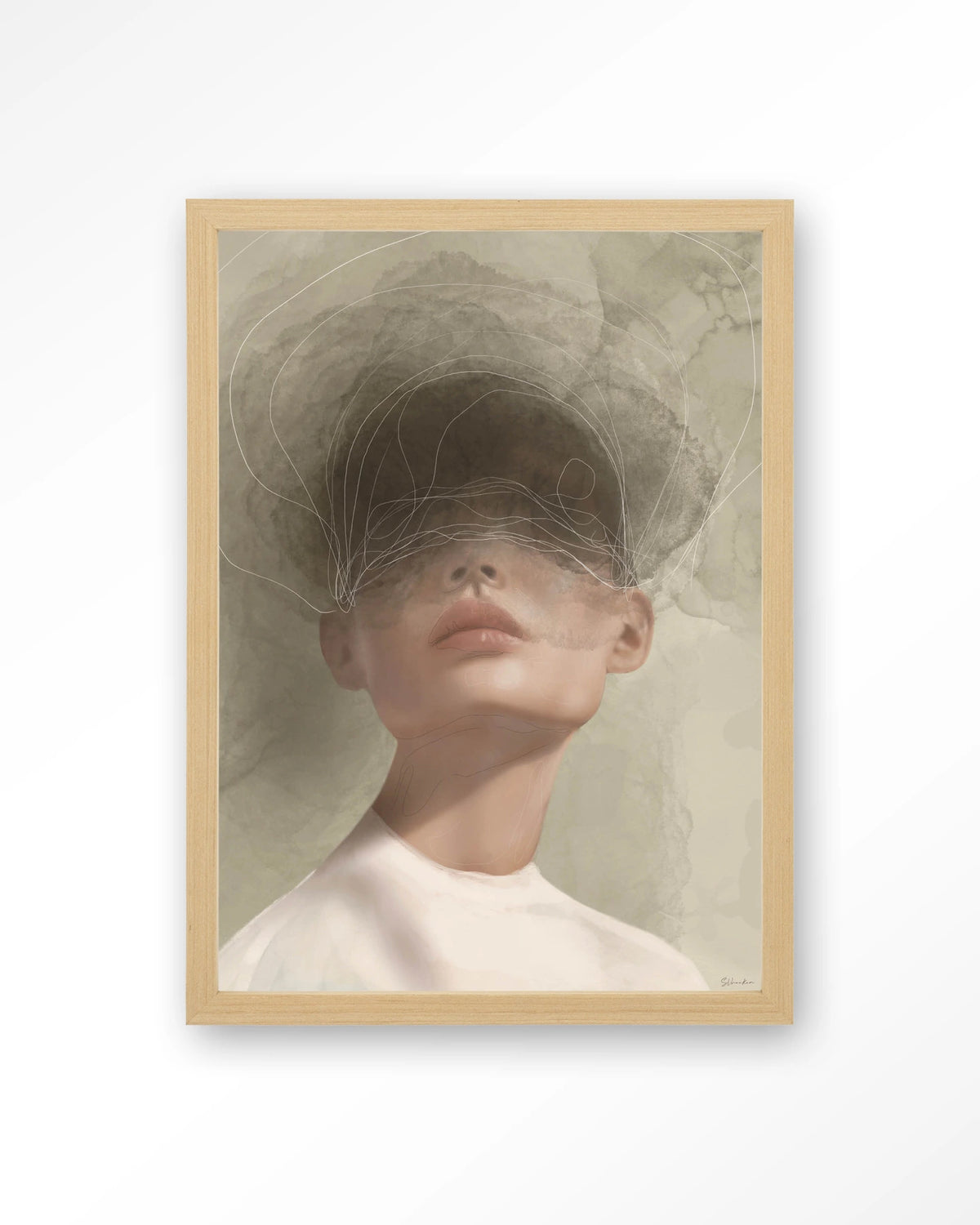 Blind Mist – vrouw met lijntekening in beige – Art print – Hout naturel