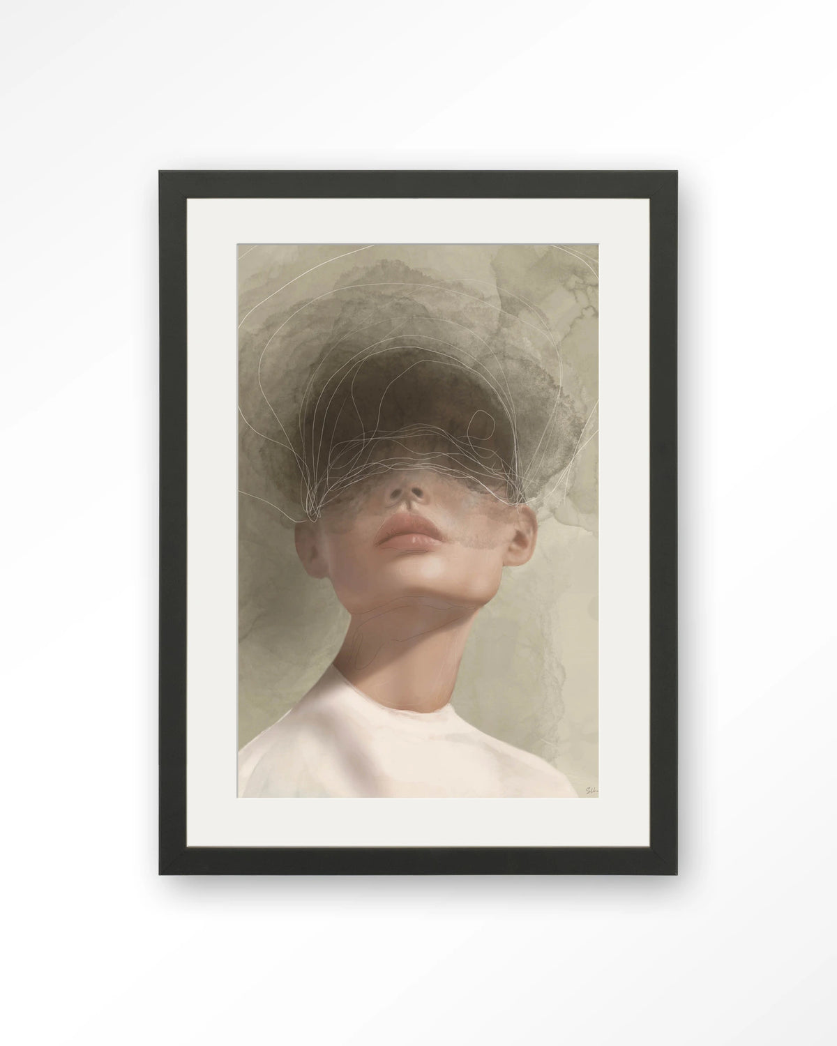 Blind Mist – vrouw met lijntekening in beige – Art print – Hout zwart + passe-partout