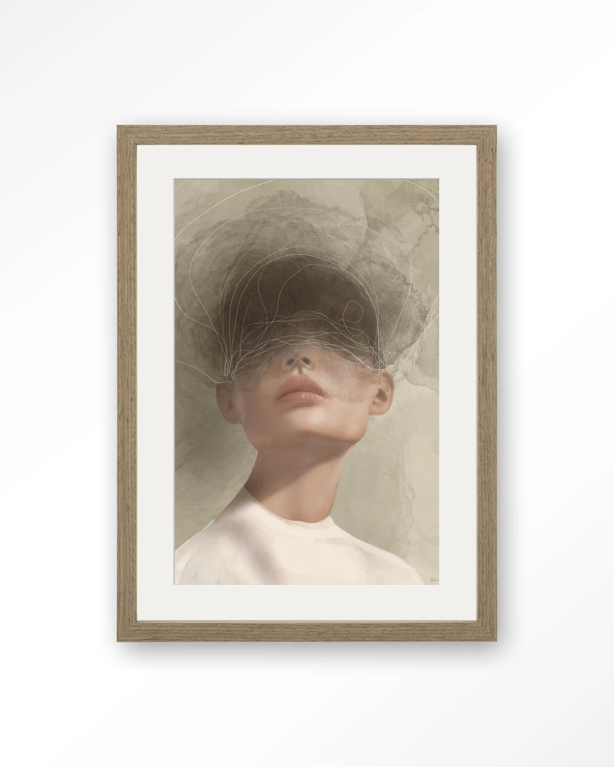 Blind Mist – vrouw met lijntekening in beige – Art print – Hout bruin + passe-partout