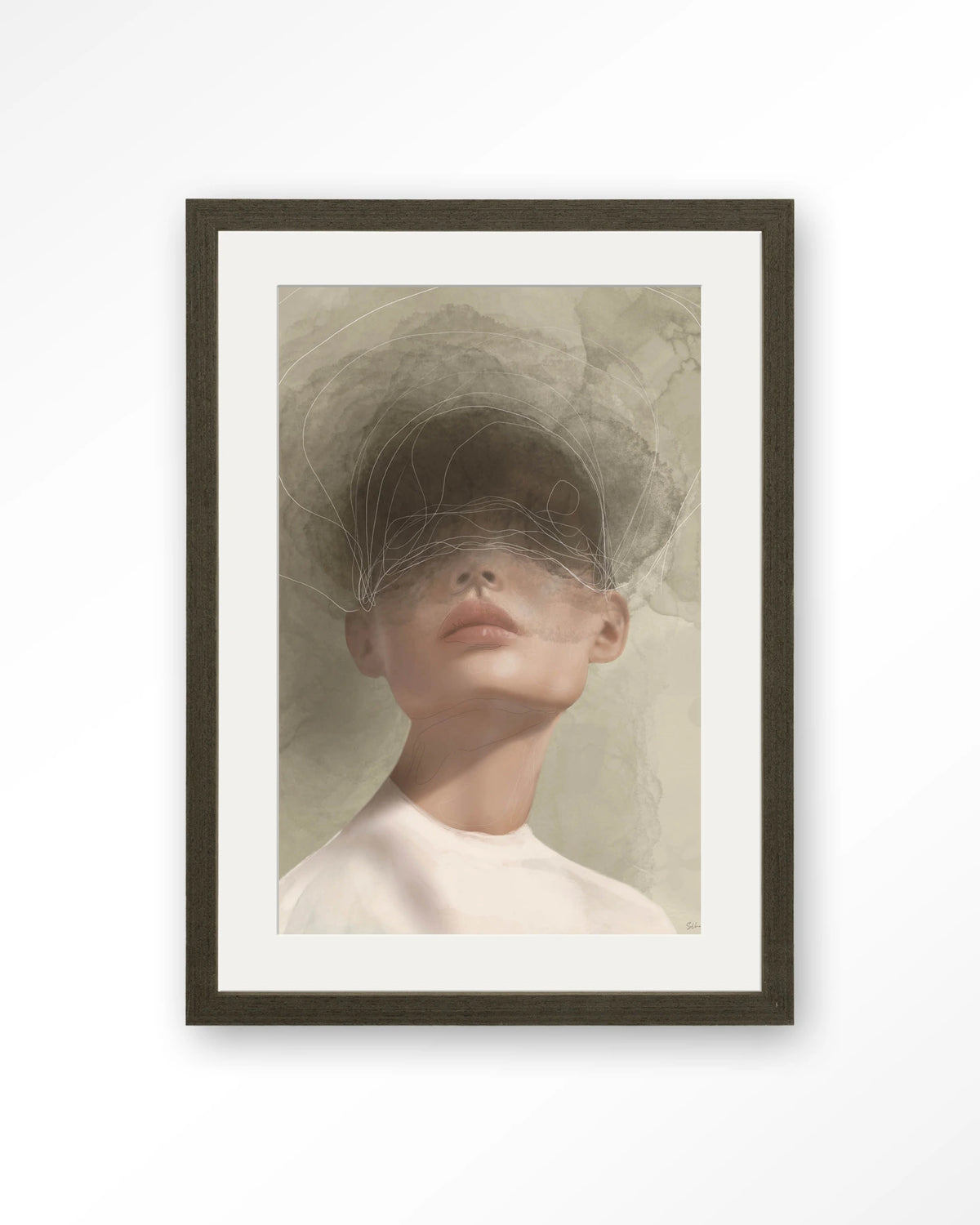 Blind Mist – vrouw met lijntekening in beige – Art print – Hout donkerbruin + passe-partout