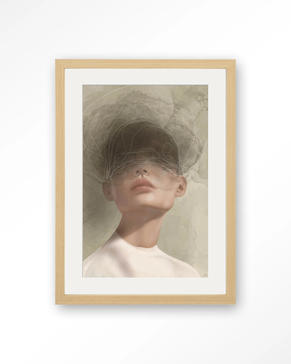 Blind Mist – vrouw met lijntekening in beige – Art print – Hout naturel + passe-partout