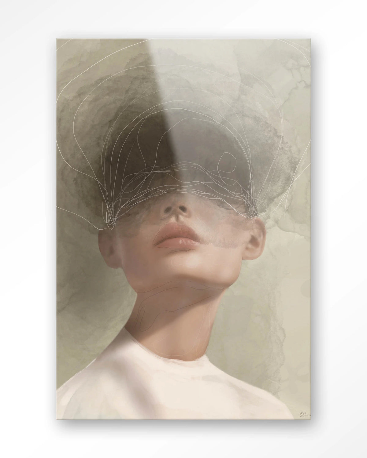 Blind Mist – vrouw met lijntekening in beige – Glas – Blinde montage