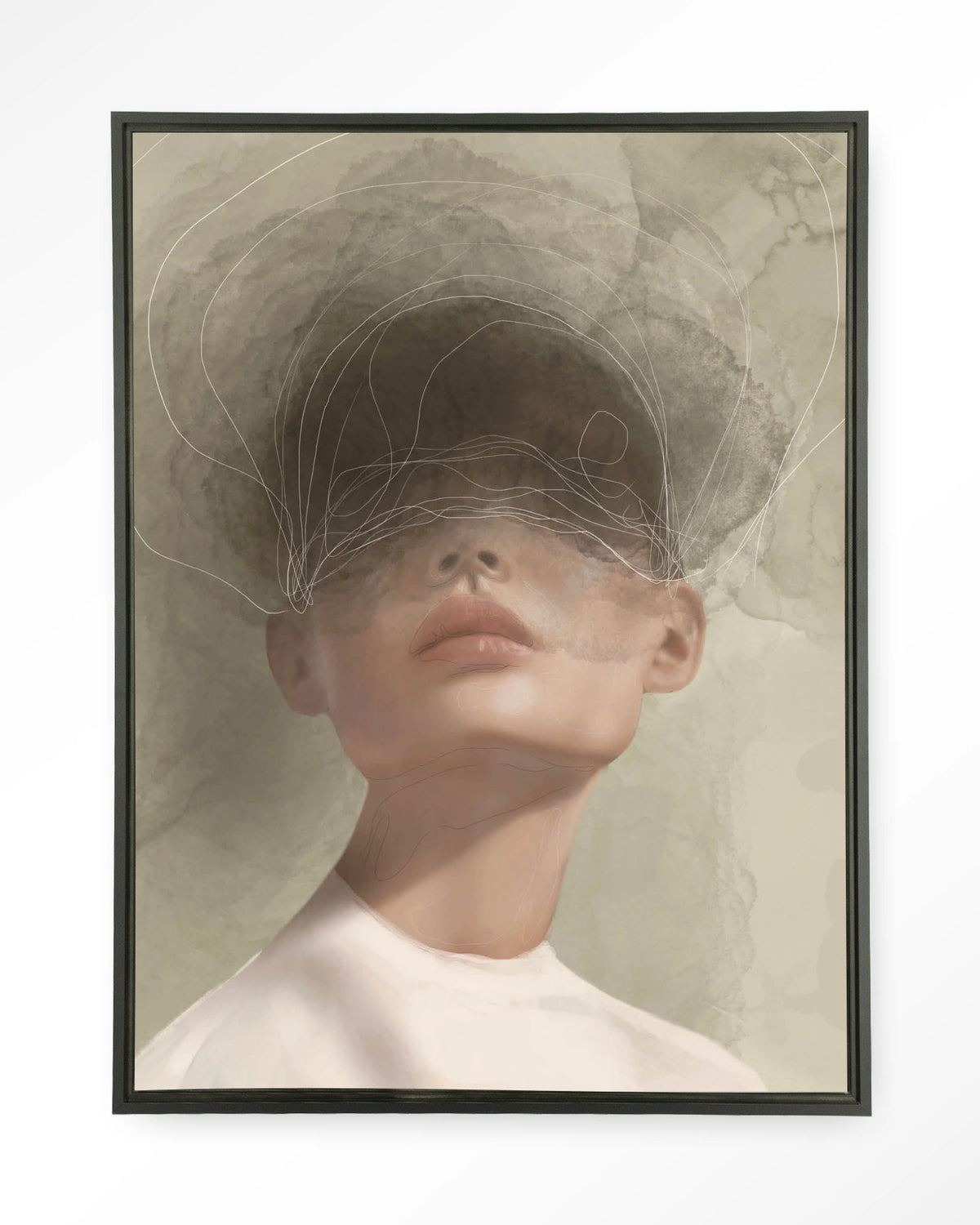 Blind Mist – vrouw met lijntekening in beige – Wandkleed – Floating frame – zwart