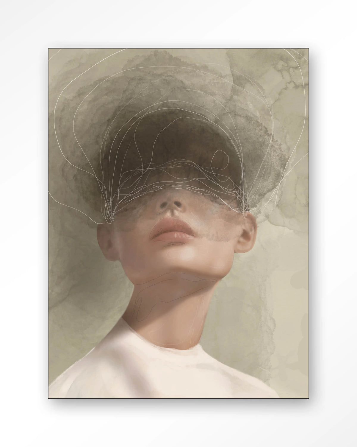 Blind Mist – vrouw met lijntekening in beige – Wandkleed – Frame – zwart