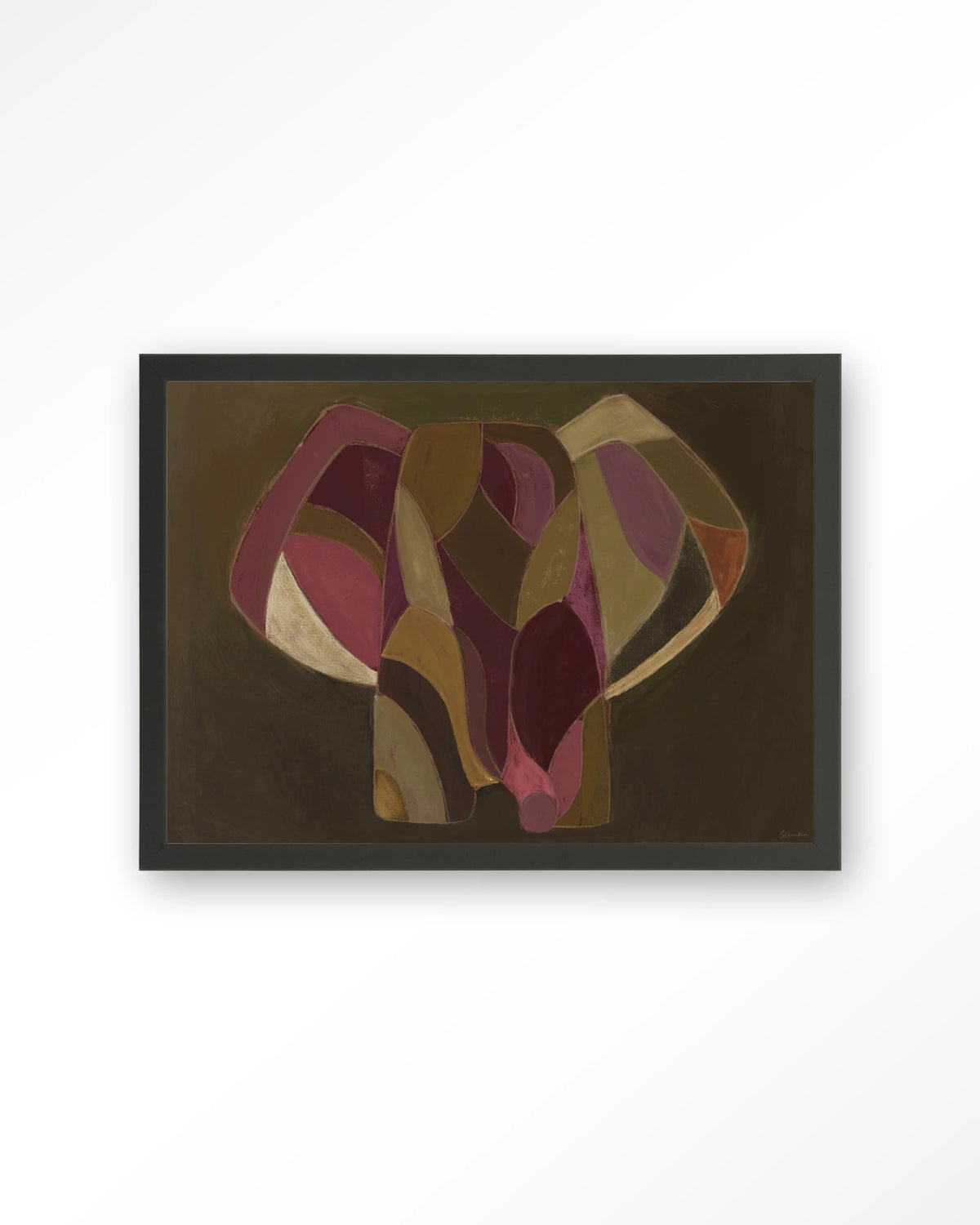 Elefante – abstracte olifant in paars en groen – Art print – Hout zwart
