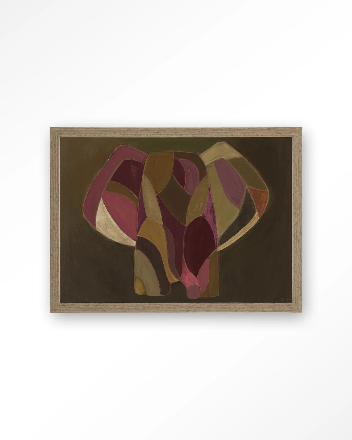 Elefante – abstracte olifant in paars en groen – Art print – Hout bruin
