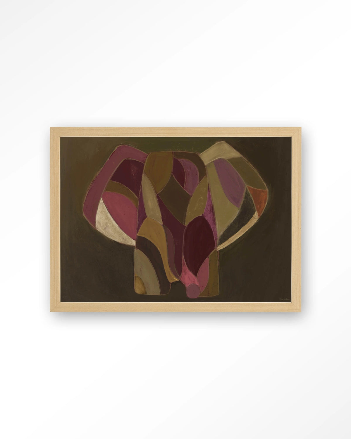 Elefante – abstracte olifant in paars en groen – Art print – Hout naturel