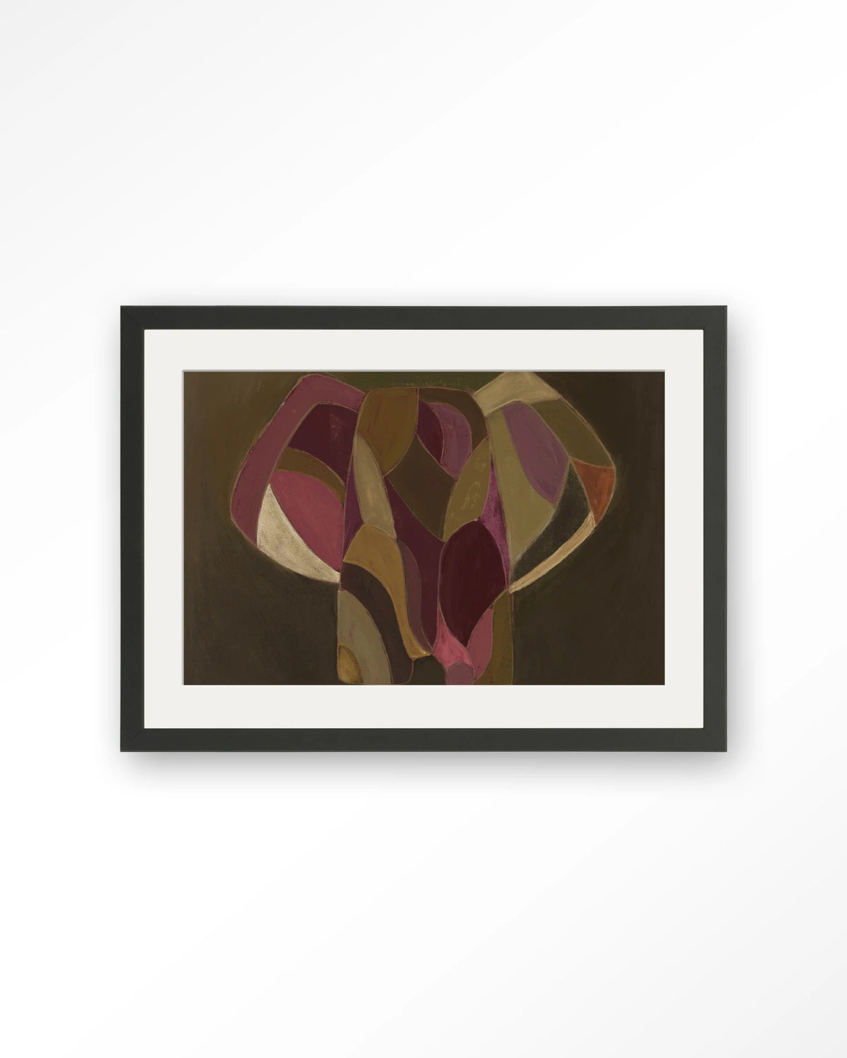 Elefante – abstracte olifant in paars en groen – Art print – Hout zwart + passe-partout