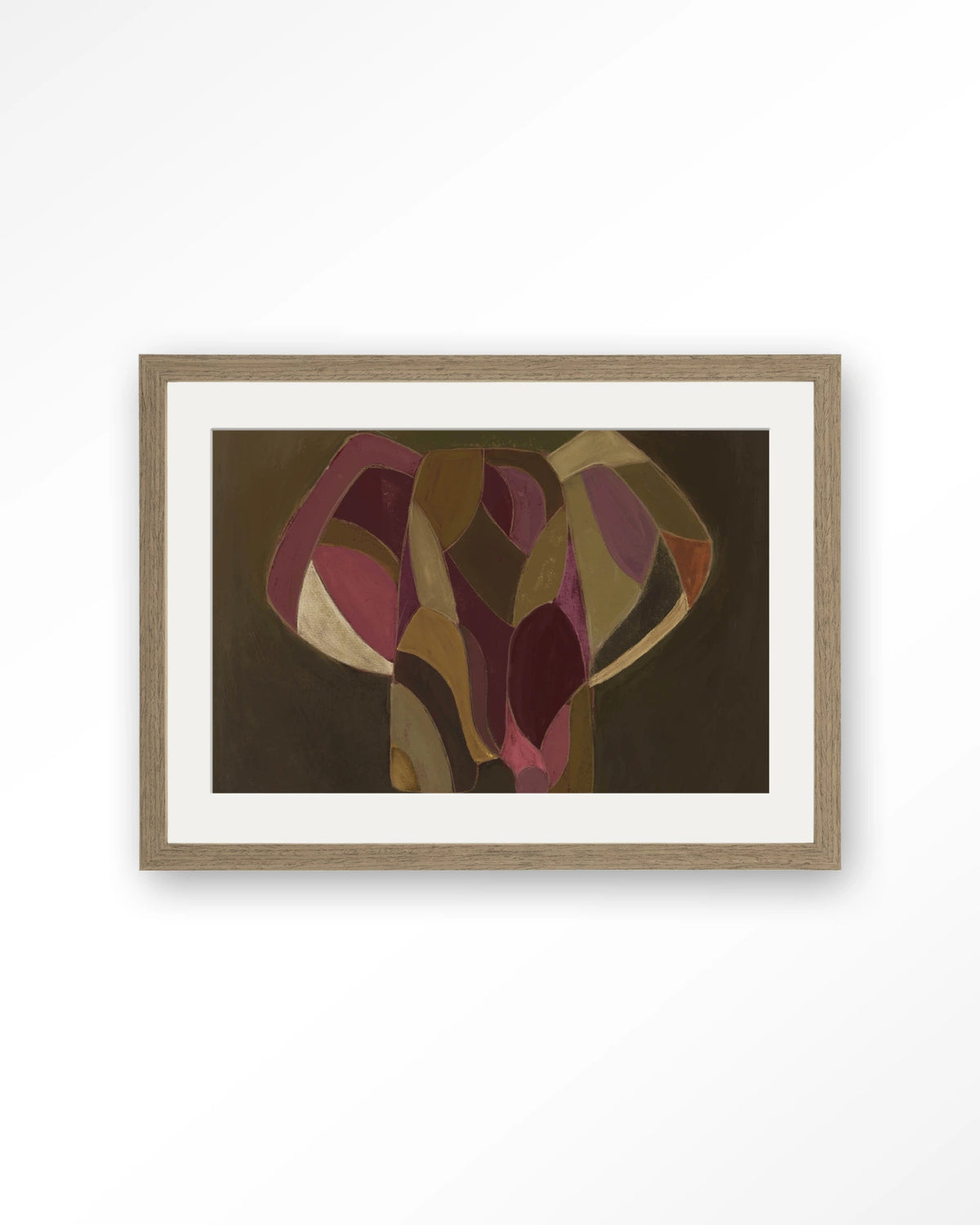 Elefante – abstracte olifant in paars en groen – Art print – Hout bruin + passe-partout