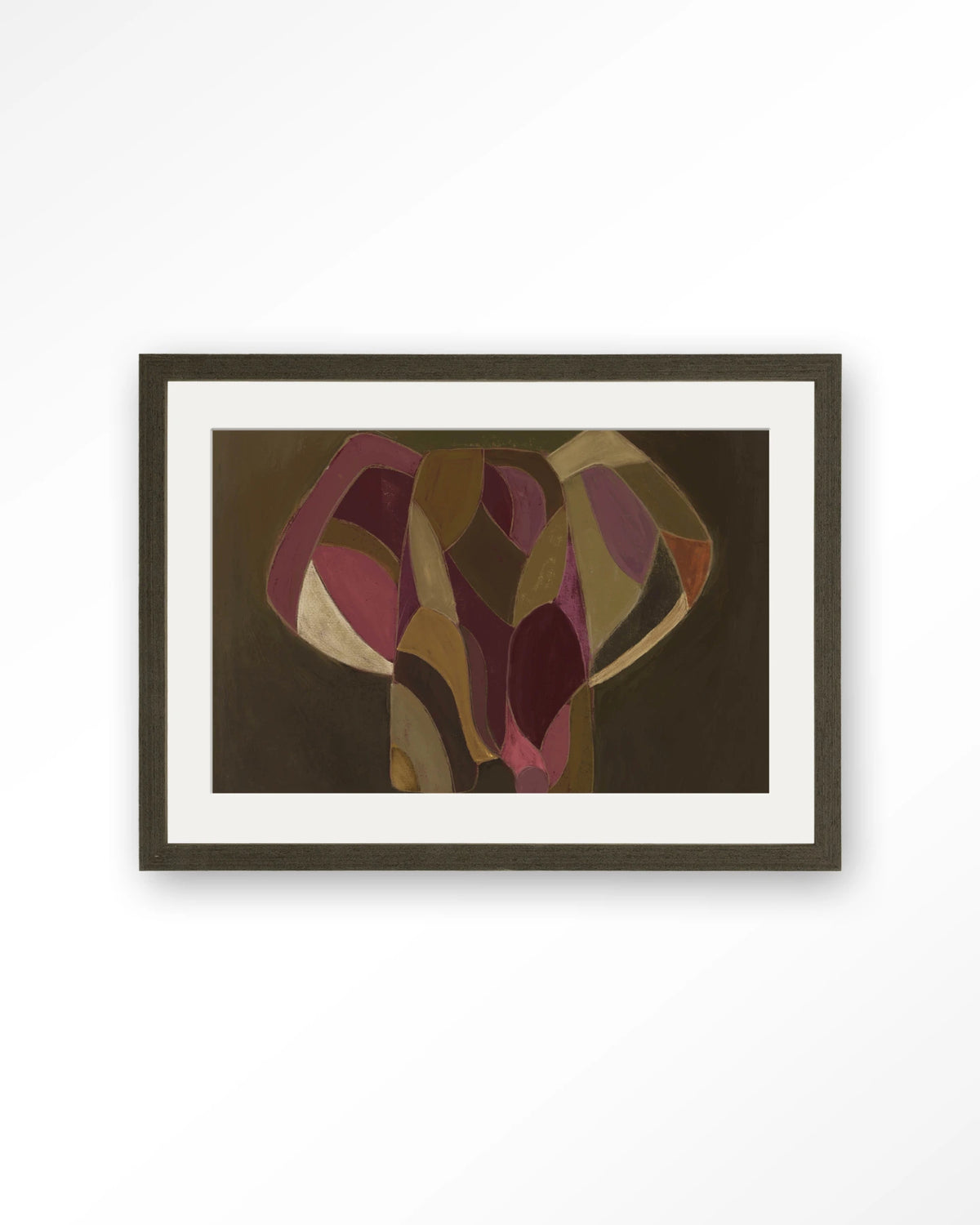 Elefante – abstracte olifant in paars en groen – Art print – Hout donkerbruin + passe-partout