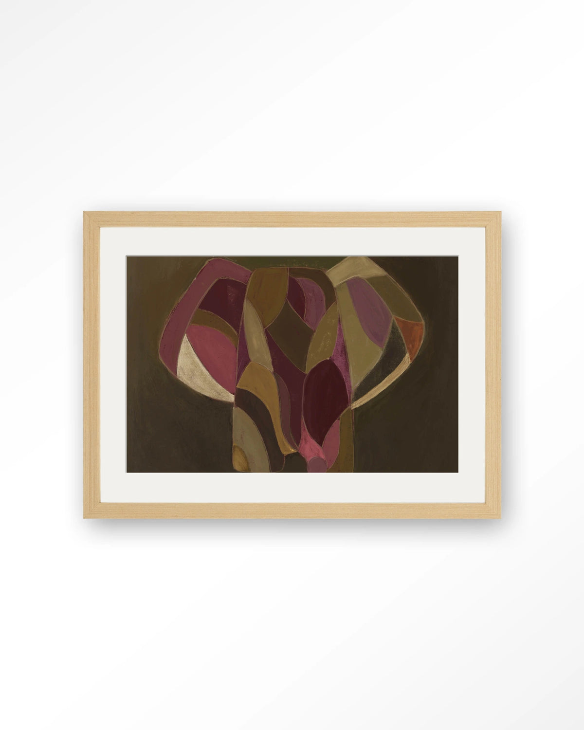 Elefante – abstracte olifant in paars en groen – Art print – Hout naturel + passe-partout