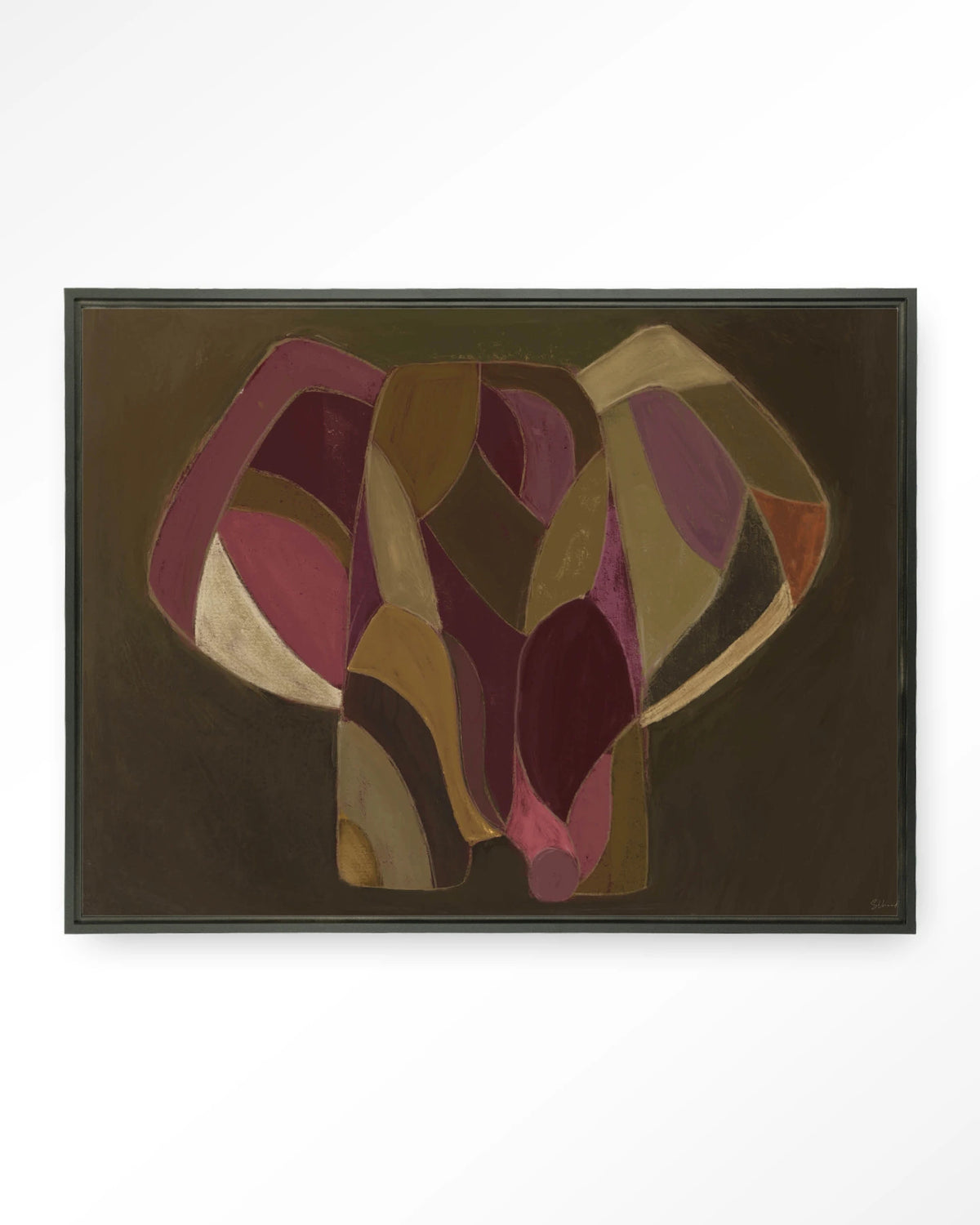 Elefante – abstracte olifant in paars en groen – Wandkleed – Floating frame – zwart