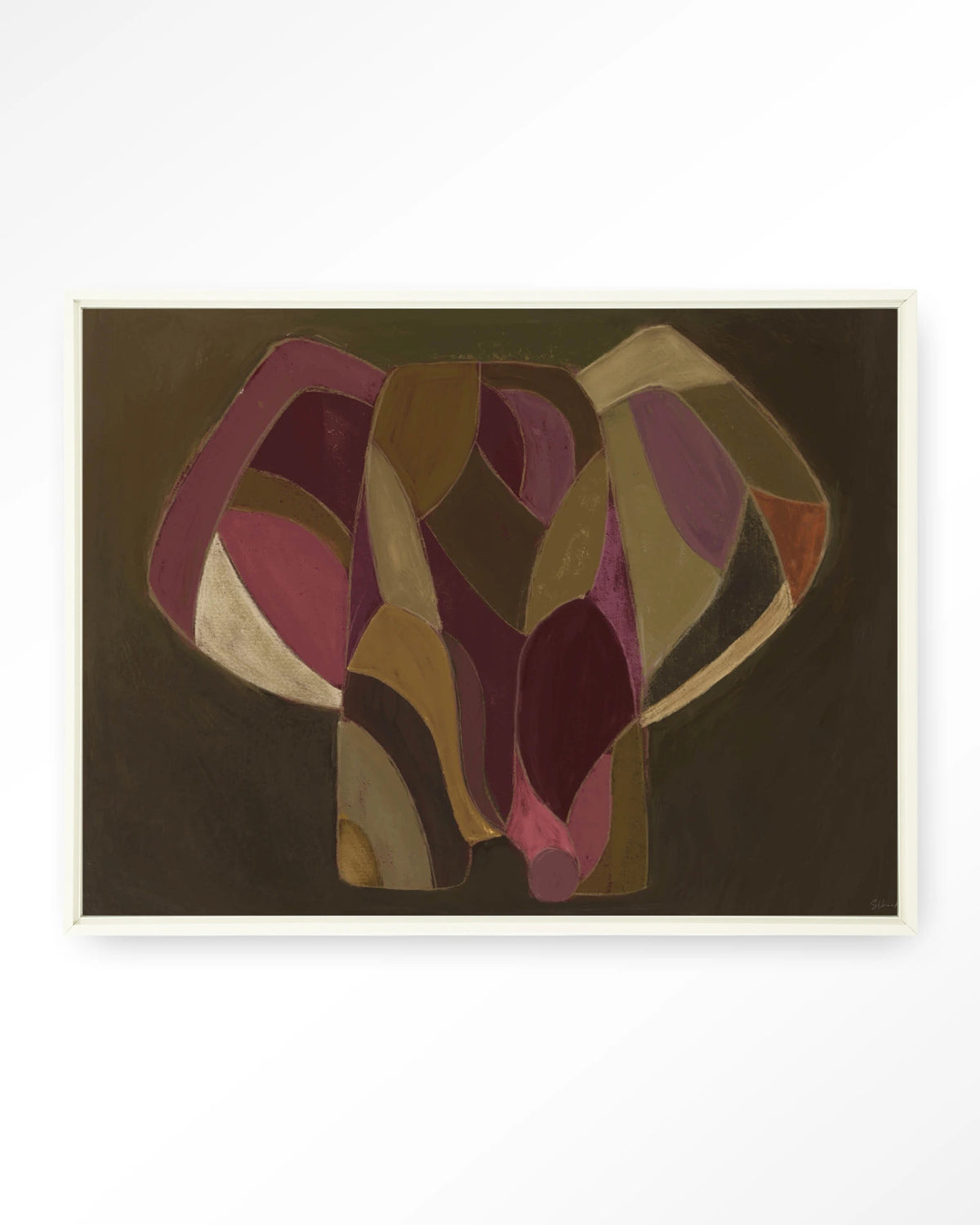 Elefante – abstracte olifant in paars en groen – Wandkleed – Floating frame – wit