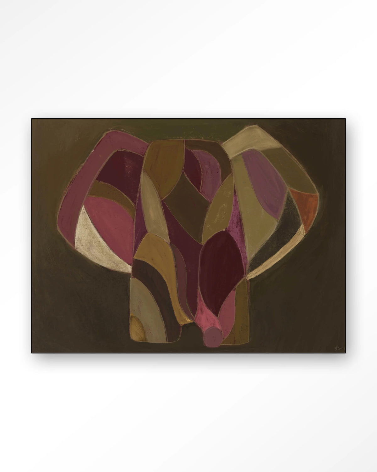 Elefante – abstracte olifant in paars en groen – Wandkleed – Frame – zwart