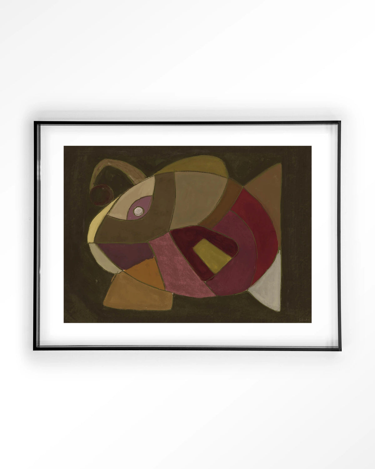 El Pez – abstracte vis in olijf en paars – Art print – Acryl zwart