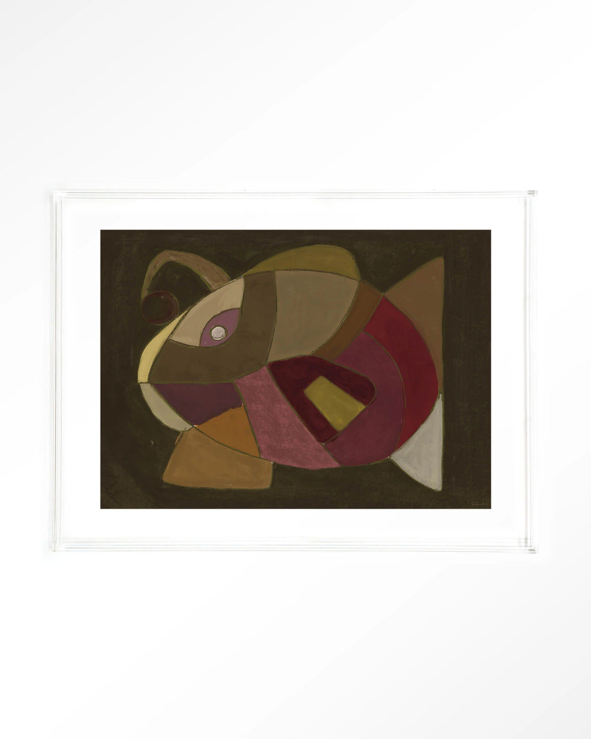 El Pez – abstracte vis in olijf en paars – Art print – Acryl doorzichtig