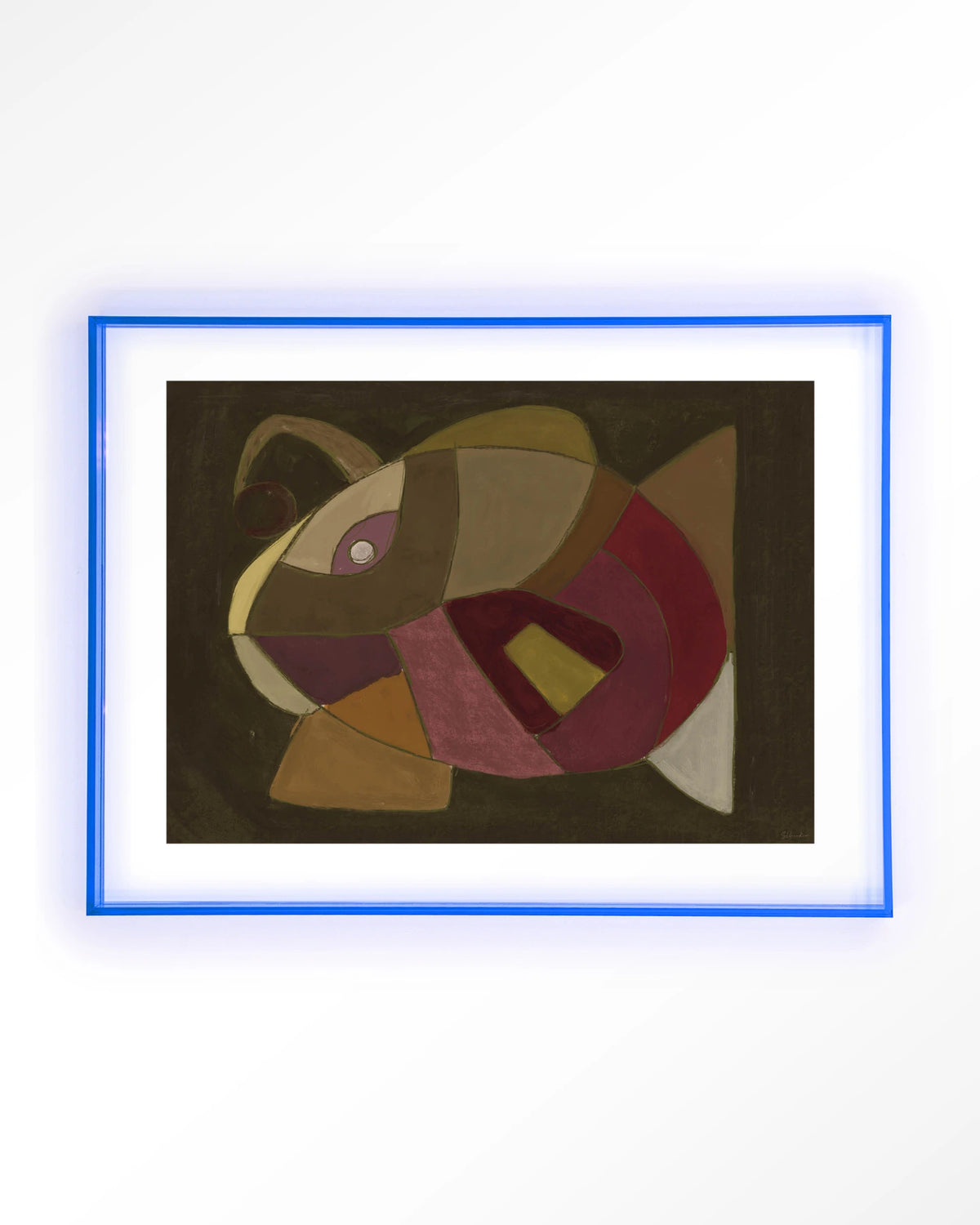 El Pez – abstracte vis in olijf en paars – Art print – Acryl lichtblauw
