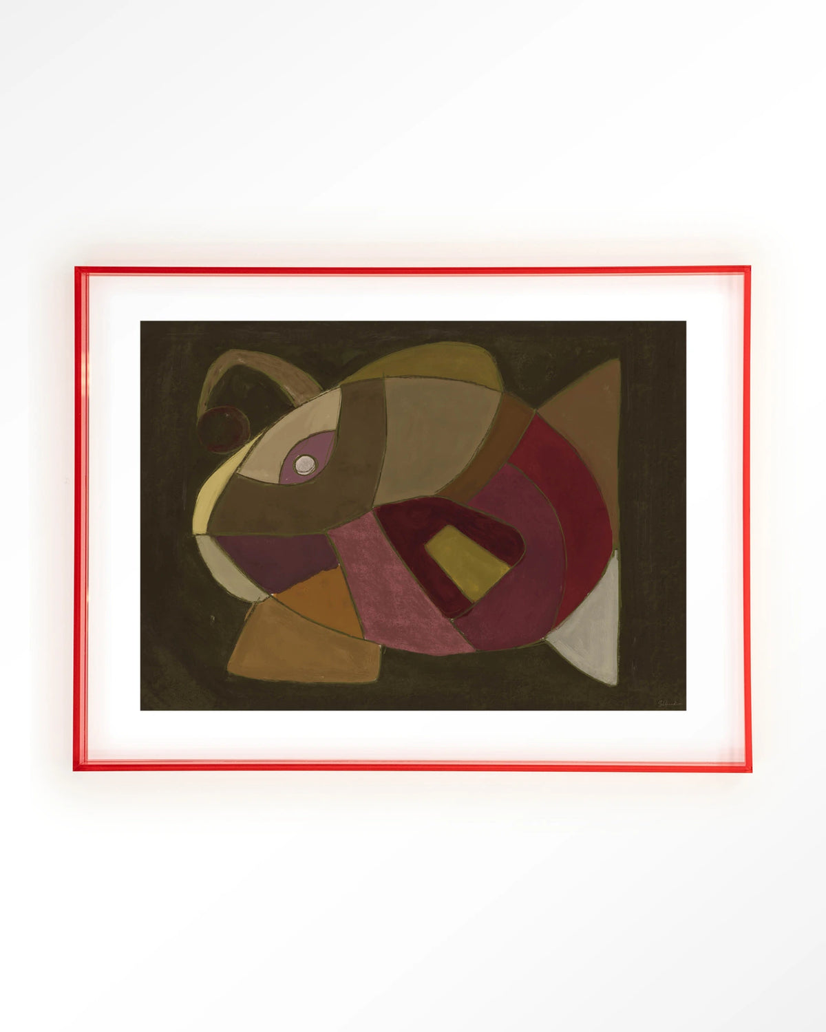 El Pez – abstracte vis in olijf en paars – Art print – Acryl roze