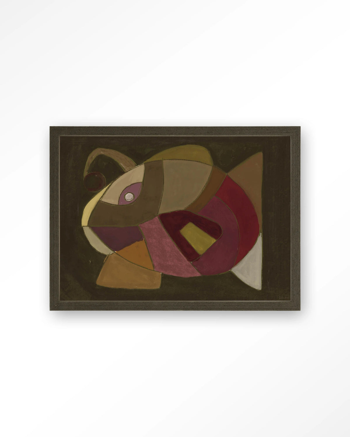 El Pez – abstracte vis in olijf en paars – Art print – Hout donkerbruin