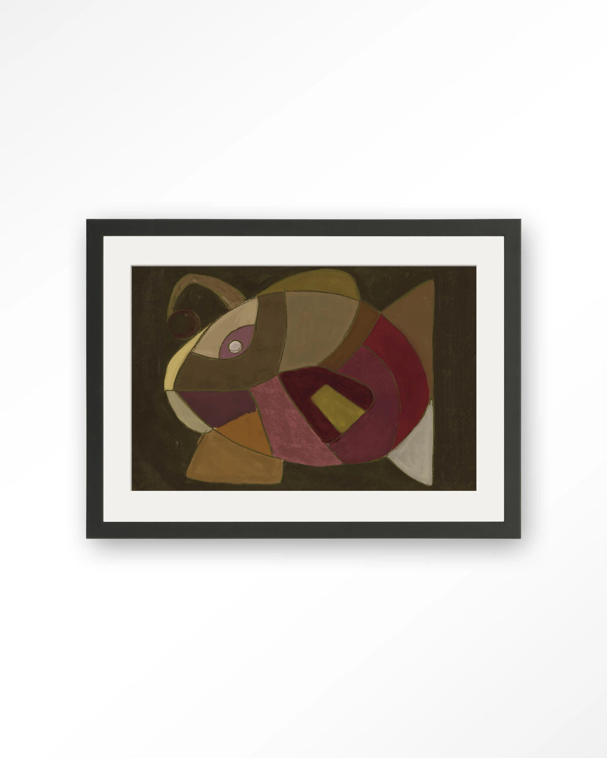 El Pez – abstracte vis in olijf en paars – Art print – Hout zwart + passe-partout