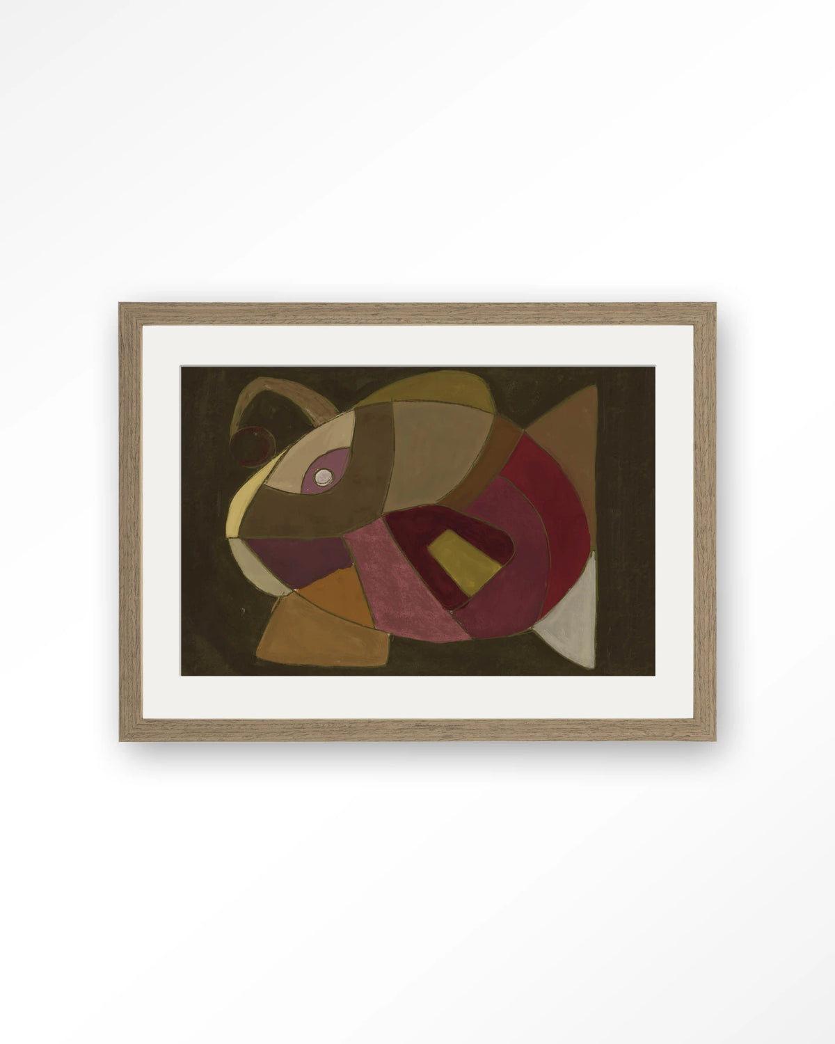 El Pez – abstracte vis in olijf en paars – Art print – Hout bruin + passe-partout
