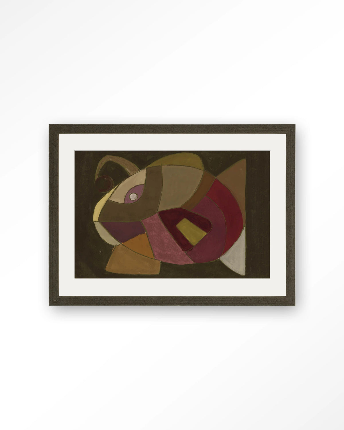 El Pez – abstracte vis in olijf en paars – Art print – Hout donkerbruin + passe-partout