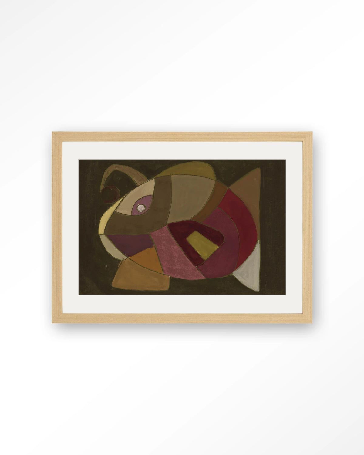 El Pez – abstracte vis in olijf en paars – Art print – Hout naturel + passe-partout