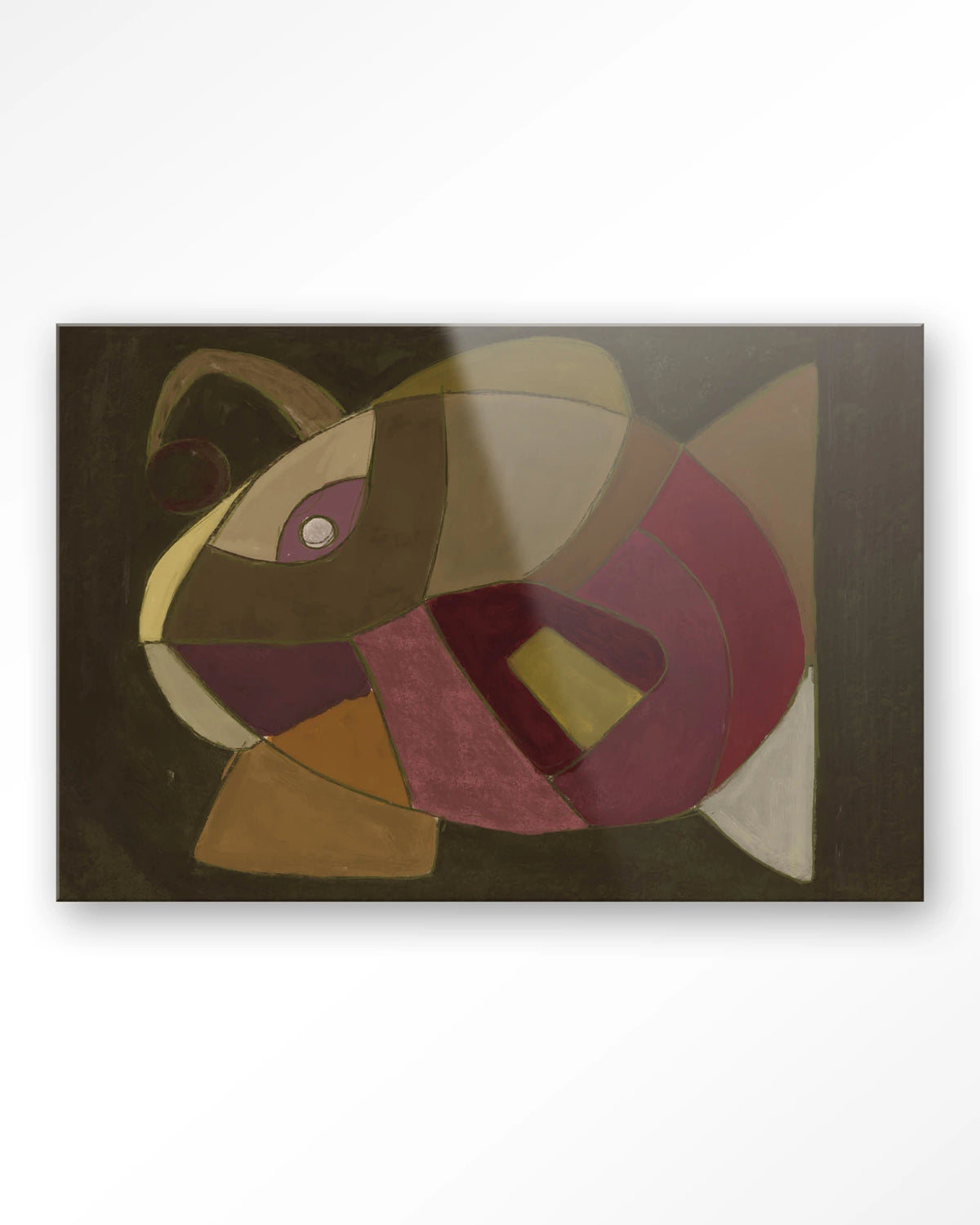 El Pez – abstracte vis in olijf en paars – Glas – Blinde montage