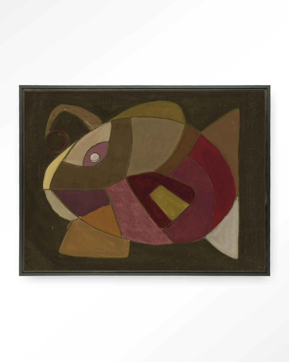 El Pez – abstracte vis in olijf en paars – Wandkleed – Floating frame – zwart