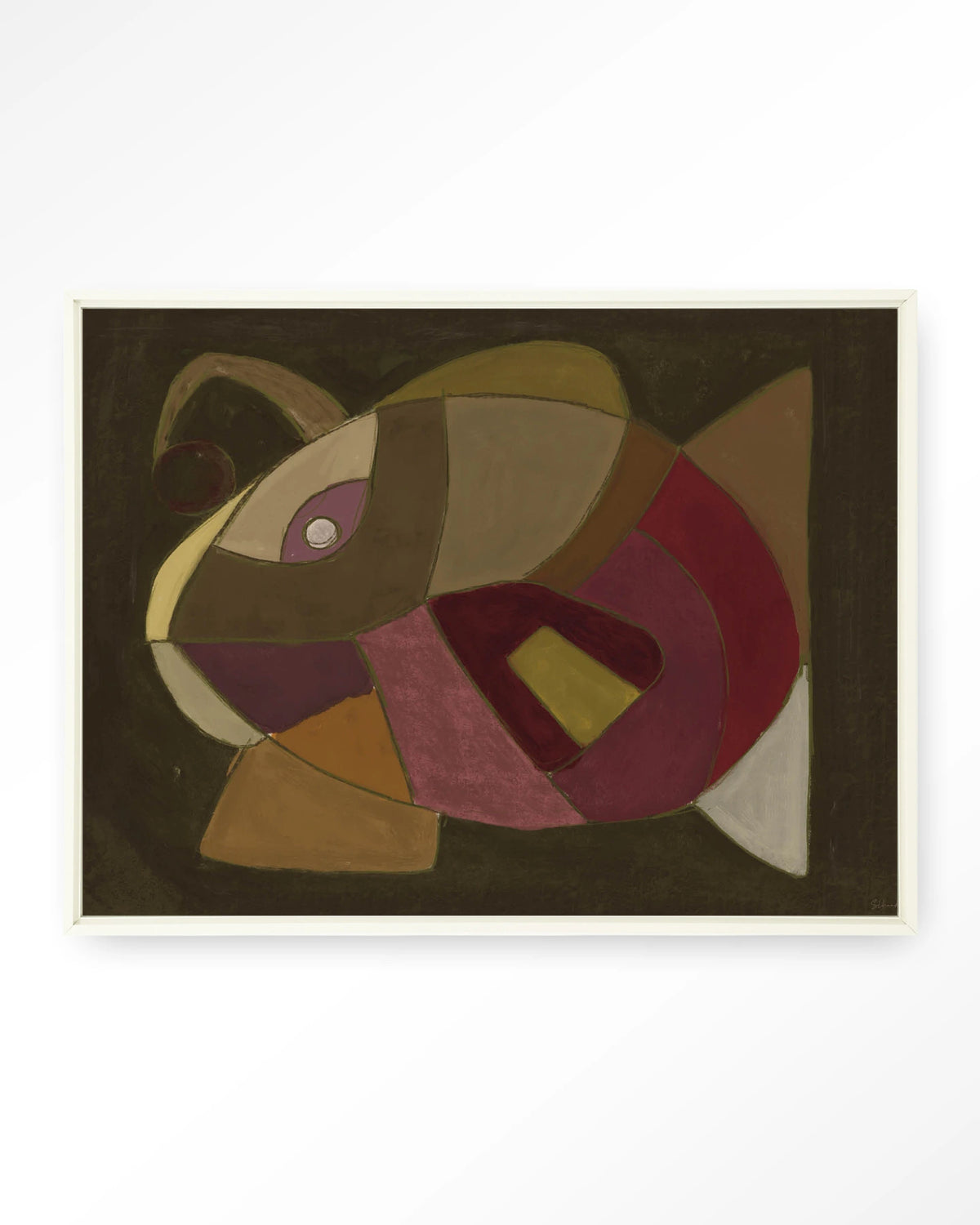 El Pez – abstracte vis in olijf en paars – Wandkleed – Floating frame – wit