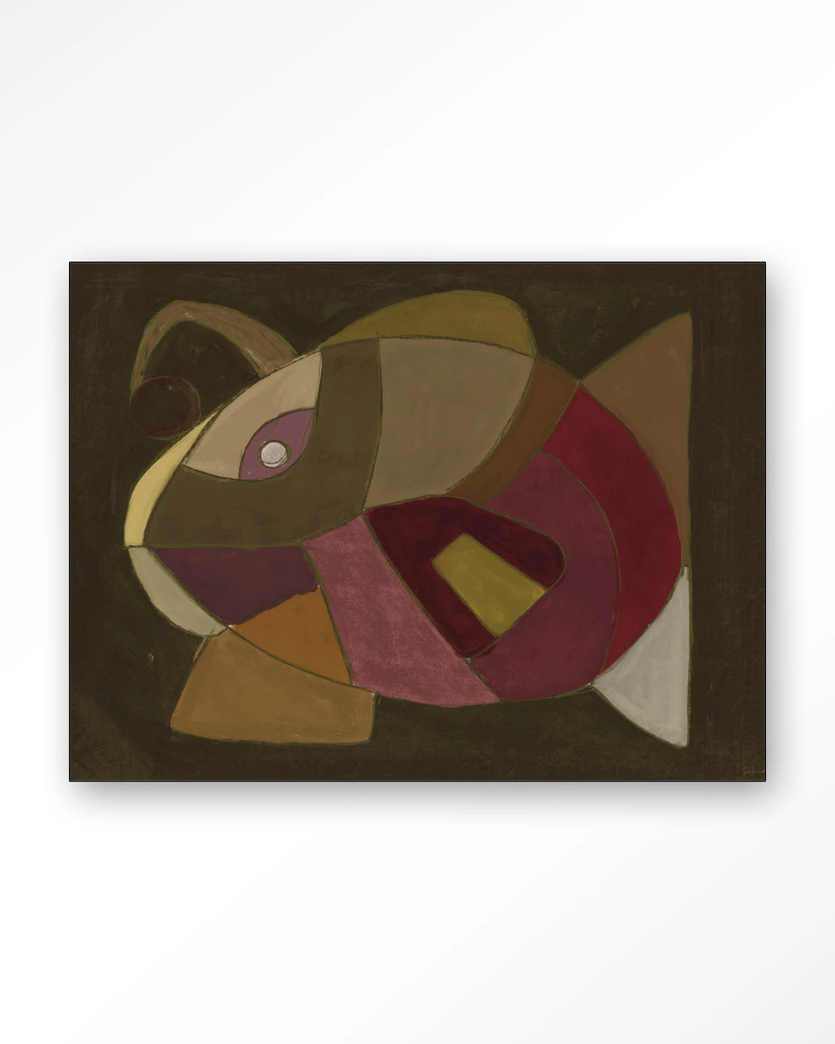 El Pez – abstracte vis in olijf en paars – Wandkleed – Frame – zwart