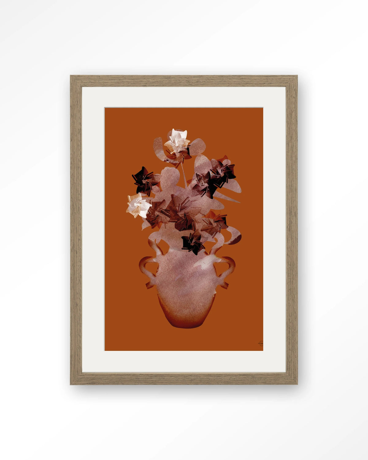 Amphora Flowers – bloemen in terracotta vaas – Art print – Hout bruin + passe-partout