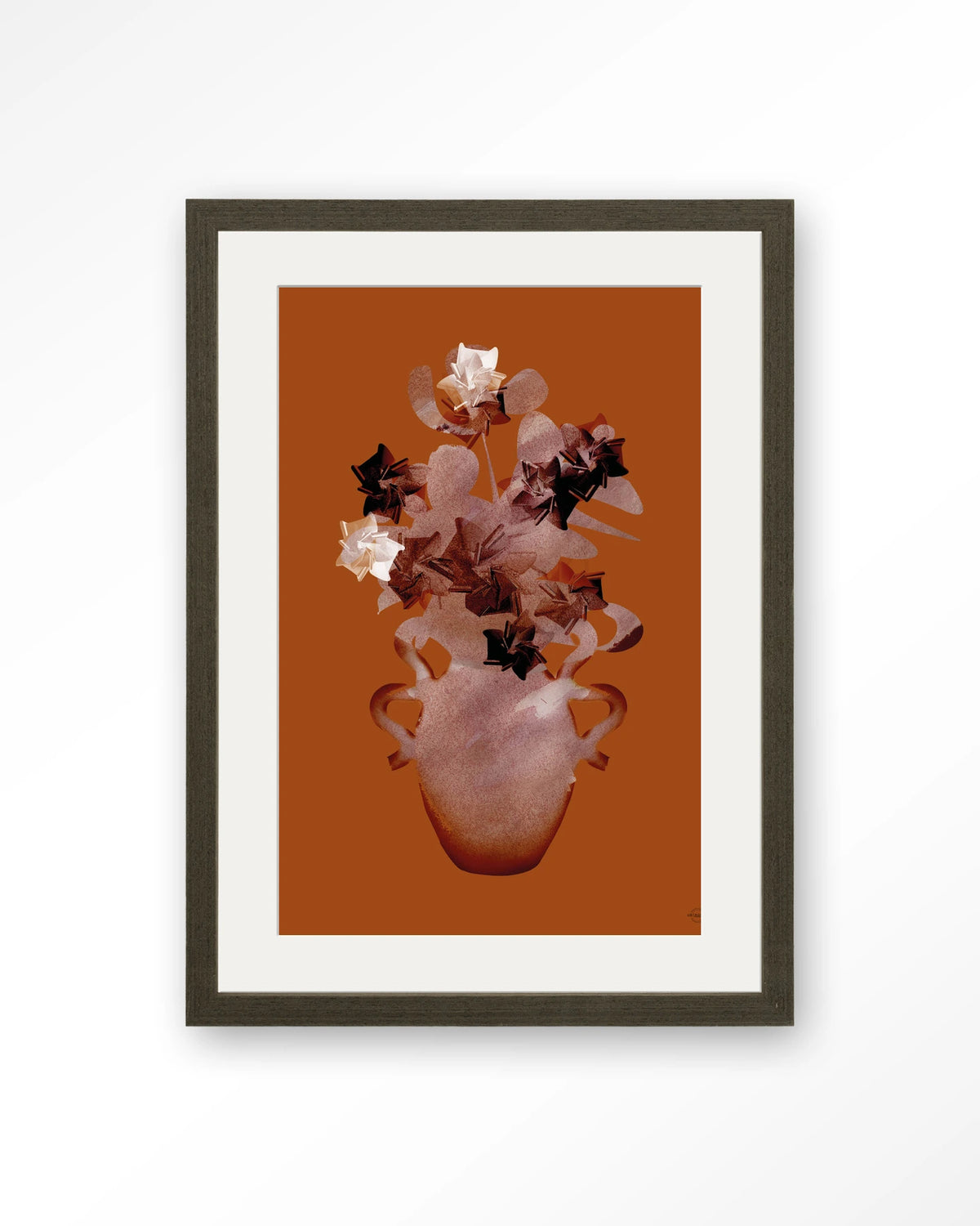 Amphora Flowers – bloemen in terracotta vaas – Art print – Hout donkerbruin + passe-partout