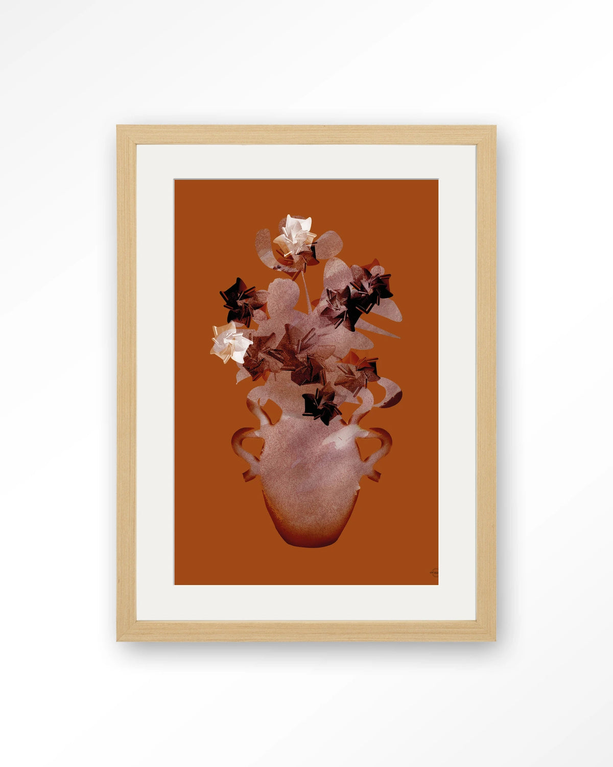 Amphora Flowers – bloemen in terracotta vaas – Art print – Hout naturel + passe-partout