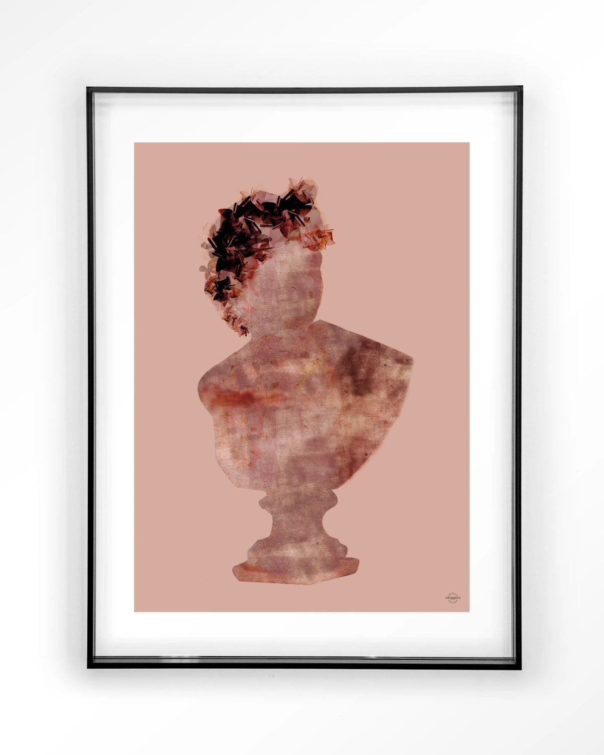 Eroded Roman Sculpture – romeinse buste op roze achtergrond – Art print – Acryl zwart