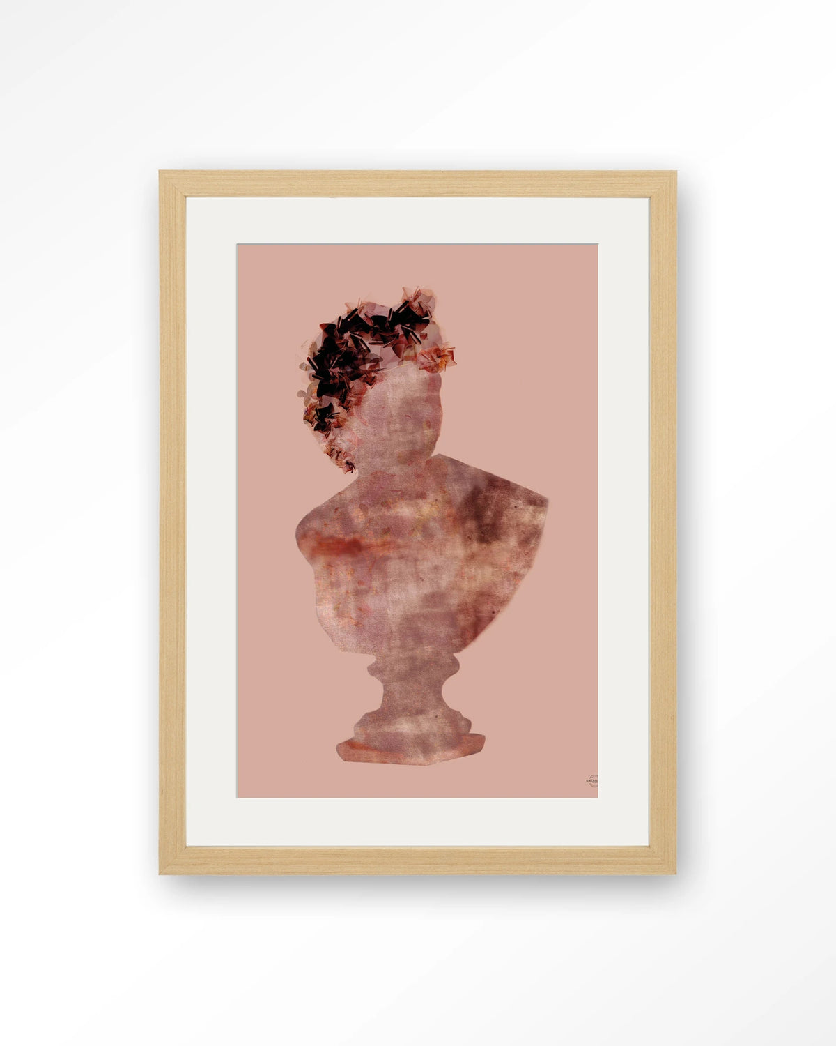 Eroded Roman Sculpture – romeinse buste op roze achtergrond – Art print – Hout naturel + passe-partout