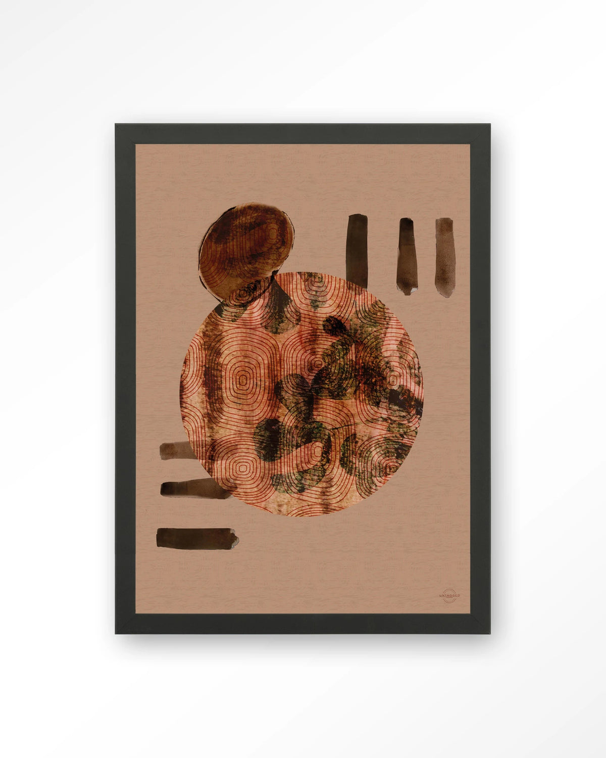 Wabi-Sabi Lifelines – abstract cirkel in terracotta – Art print – Hout zwart