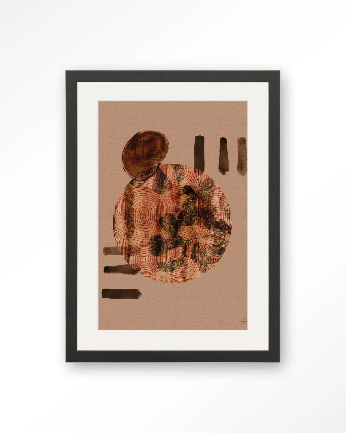 Wabi-Sabi Lifelines – abstract cirkel in terracotta – Art print – Hout zwart + passe-partout