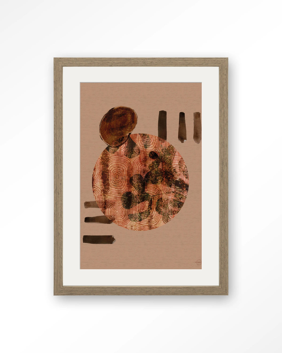 Wabi-Sabi Lifelines – abstract cirkel in terracotta – Art print – Hout bruin + passe-partout