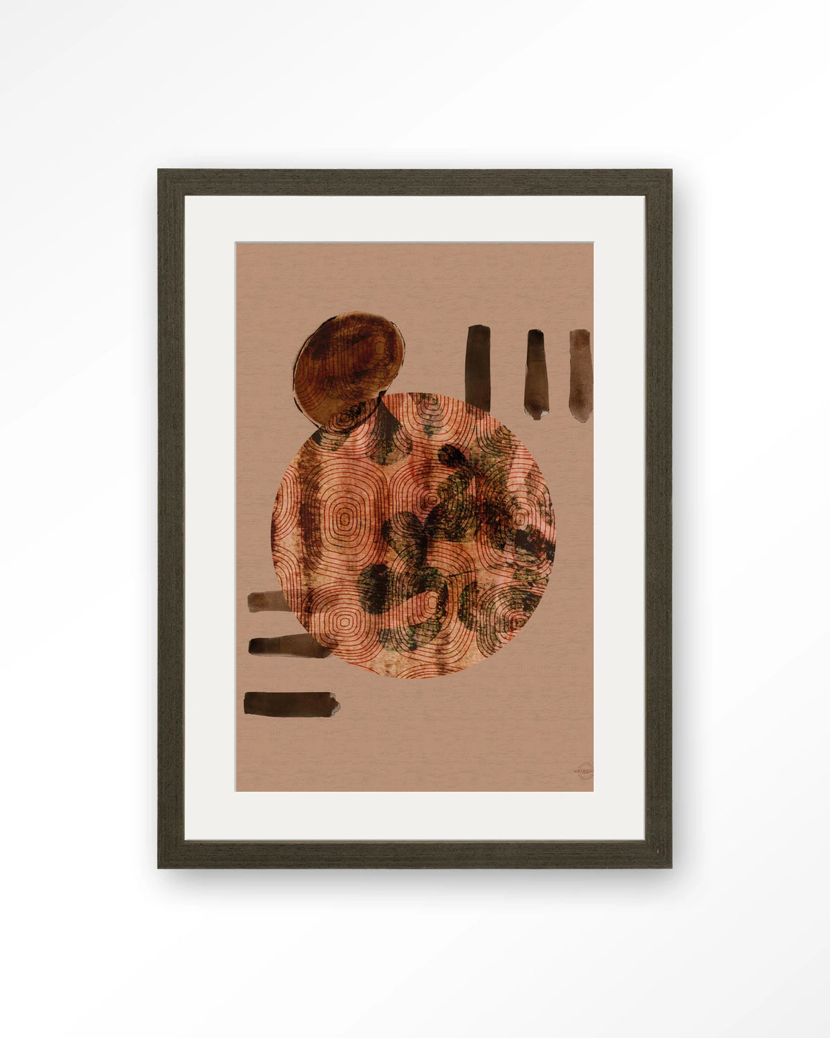Wabi-Sabi Lifelines – abstract cirkel in terracotta – Art print – Hout donkerbruin + passe-partout