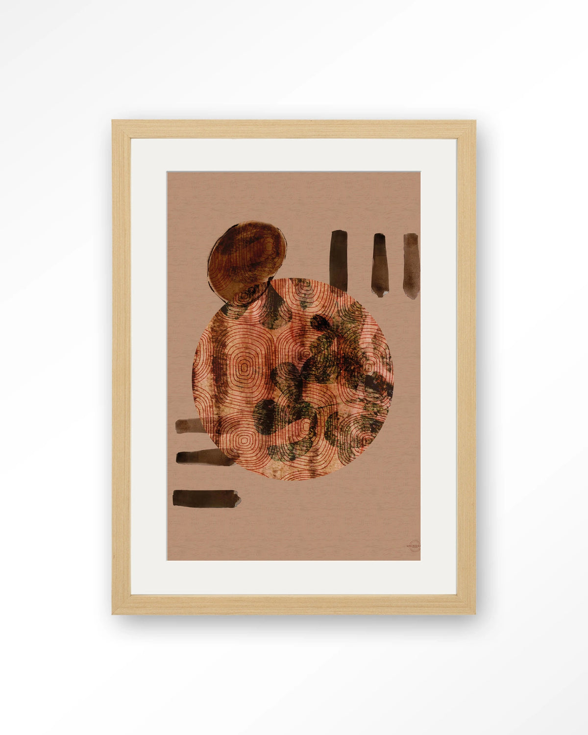 Wabi-Sabi Lifelines – abstract cirkel in terracotta – Art print – Hout naturel + passe-partout
